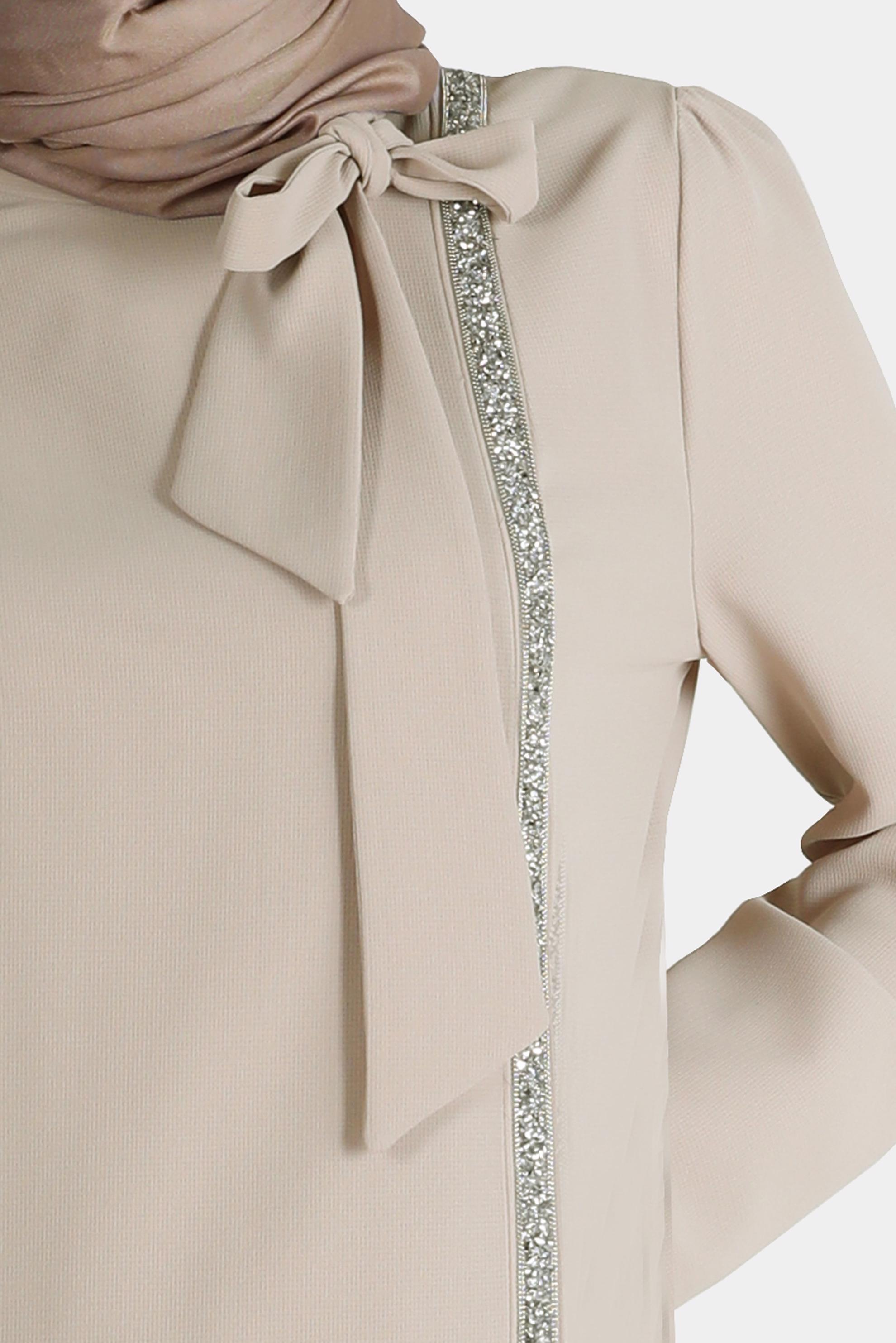 Tesettür giyim BEJ BAĞLAMA DETAYLI TAŞLI İKİLİ PANTOLONLU TAKIM 30266