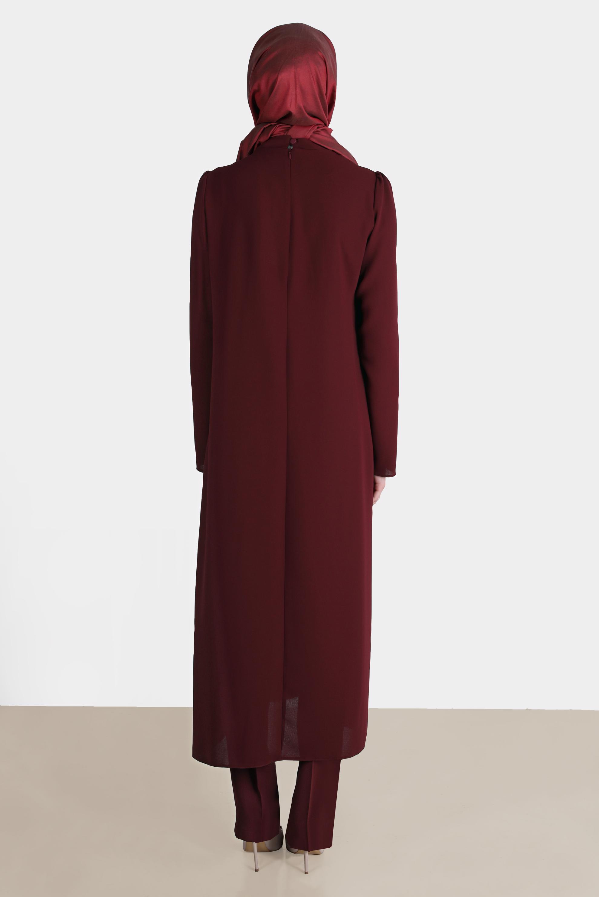 Tesettür giyim BORDO BAĞLAMA DETAYLI TAŞLI İKİLİ PANTOLONLU TAKIM 30266