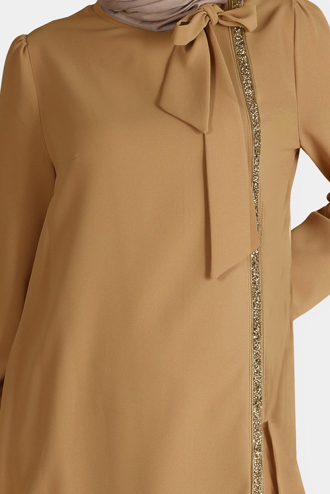 Tesettür giyim KAHVE BAĞLAMA DETAYLI TAŞLI İKİLİ PANTOLONLU TAKIM 30266