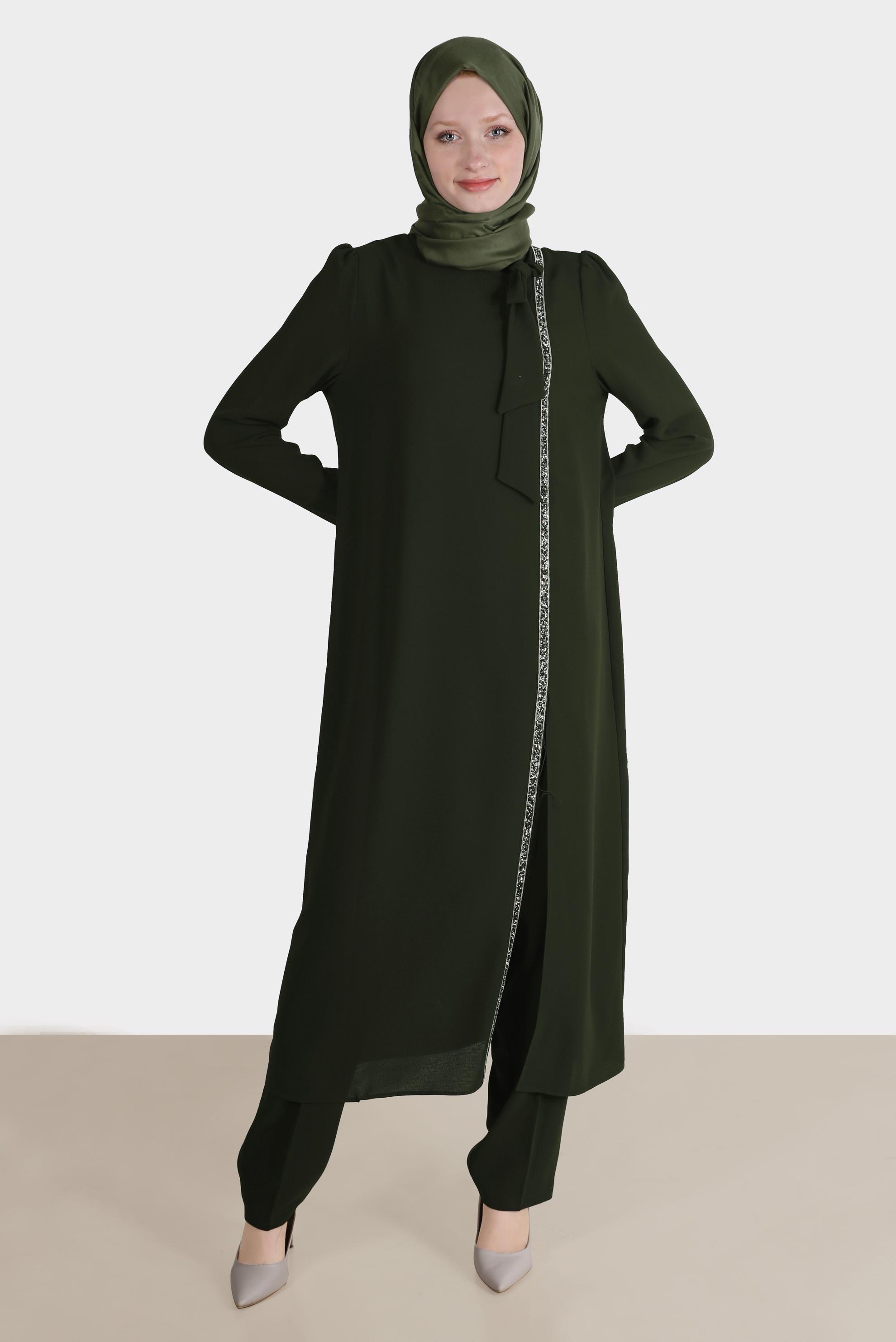 Tesettür giyim HAKİ BAĞLAMA DETAYLI TAŞLI İKİLİ PANTOLONLU TAKIM 30266