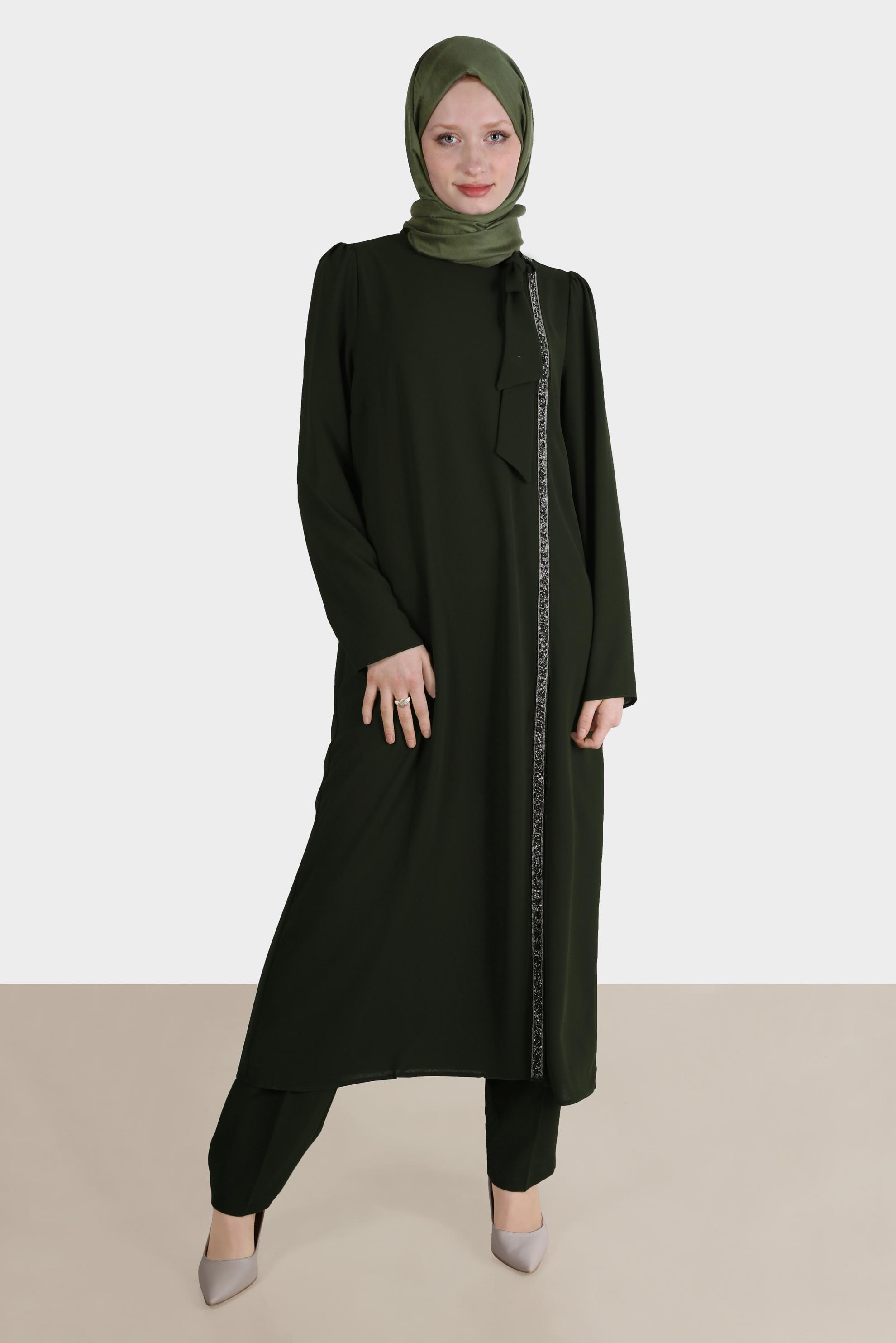 Tesettür giyim HAKİ BAĞLAMA DETAYLI TAŞLI İKİLİ PANTOLONLU TAKIM 30266