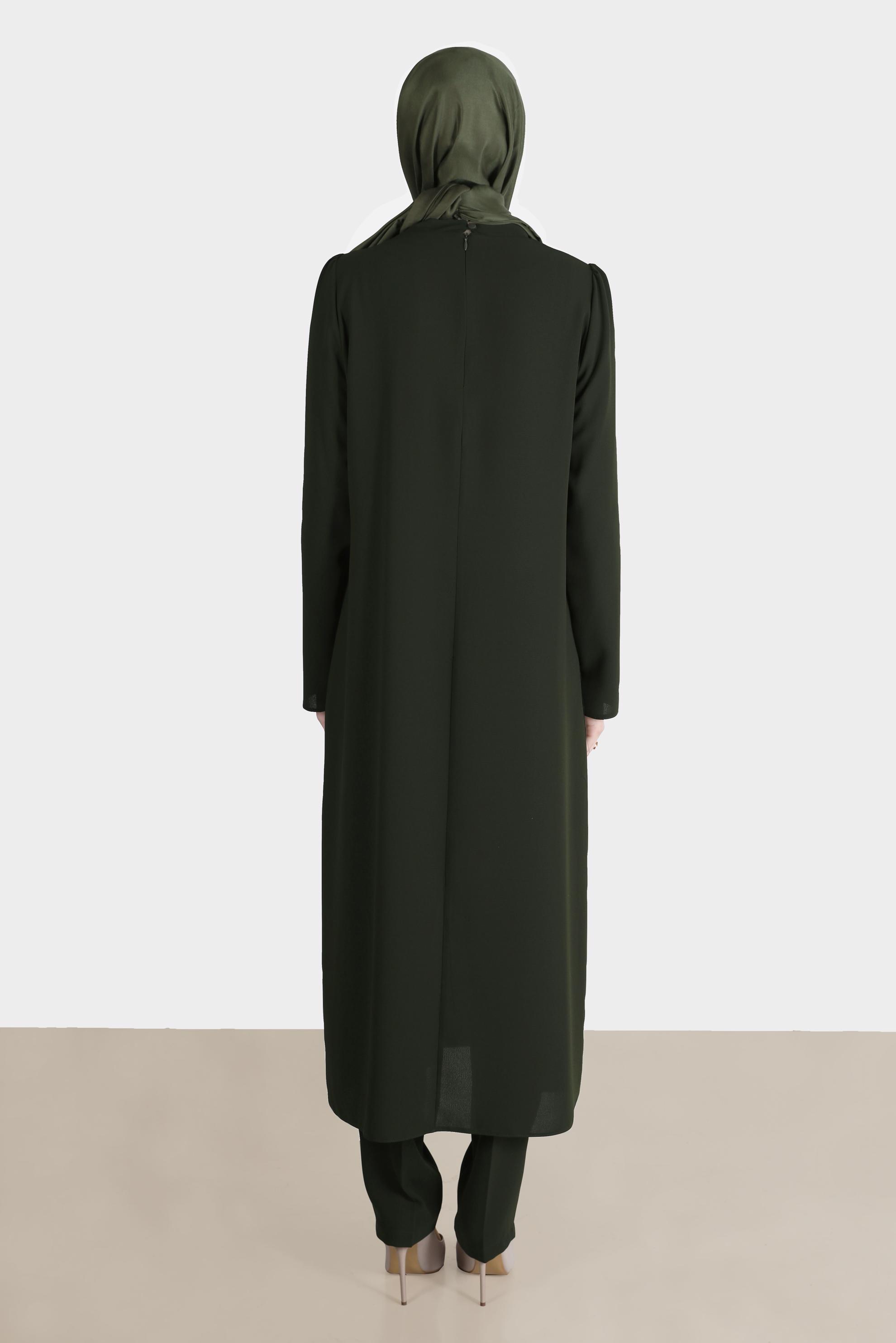 Tesettür giyim HAKİ BAĞLAMA DETAYLI TAŞLI İKİLİ PANTOLONLU TAKIM 30266