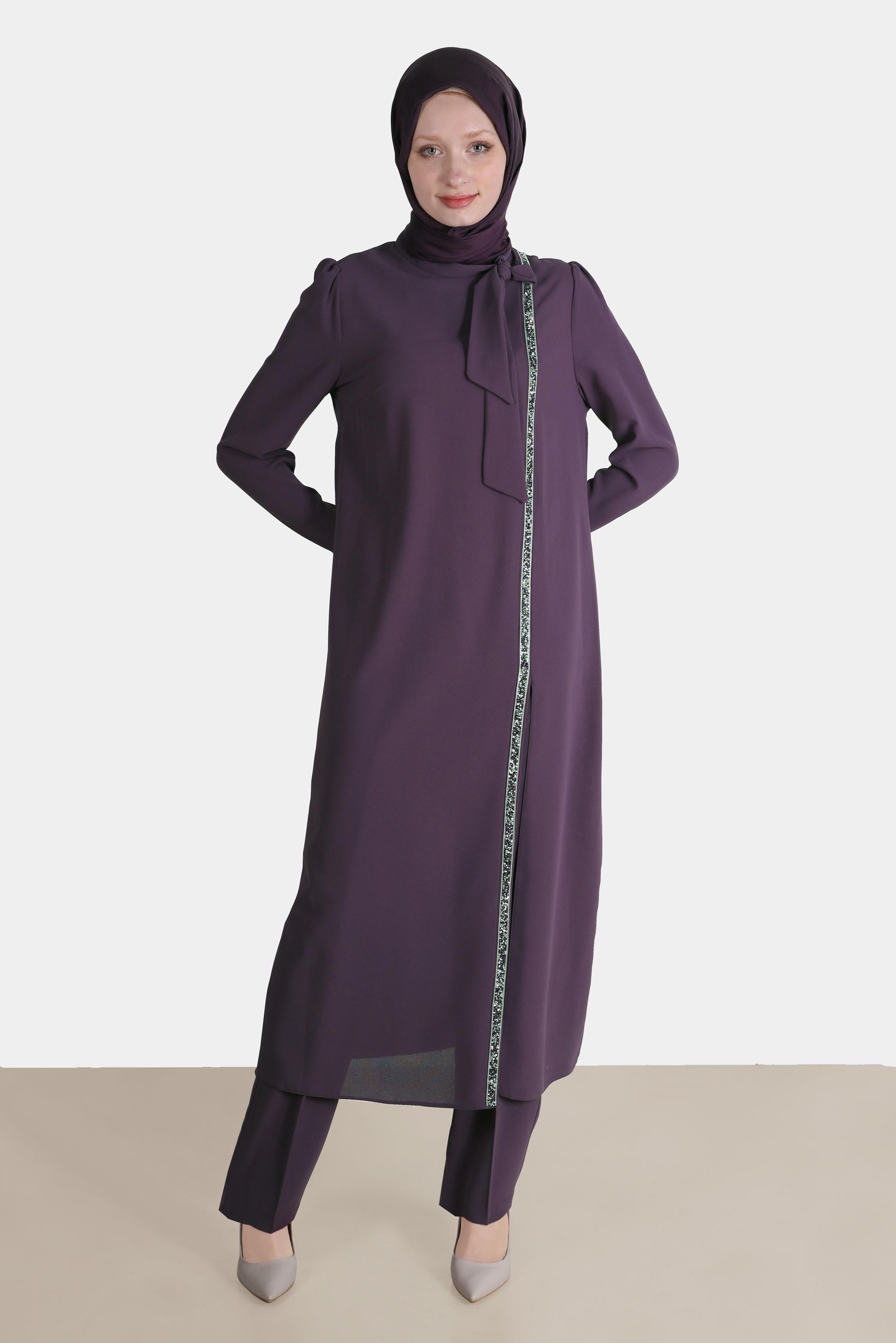 Tesettür giyim MOR BAĞLAMA DETAYLI TAŞLI İKİLİ PANTOLONLU TAKIM 30266