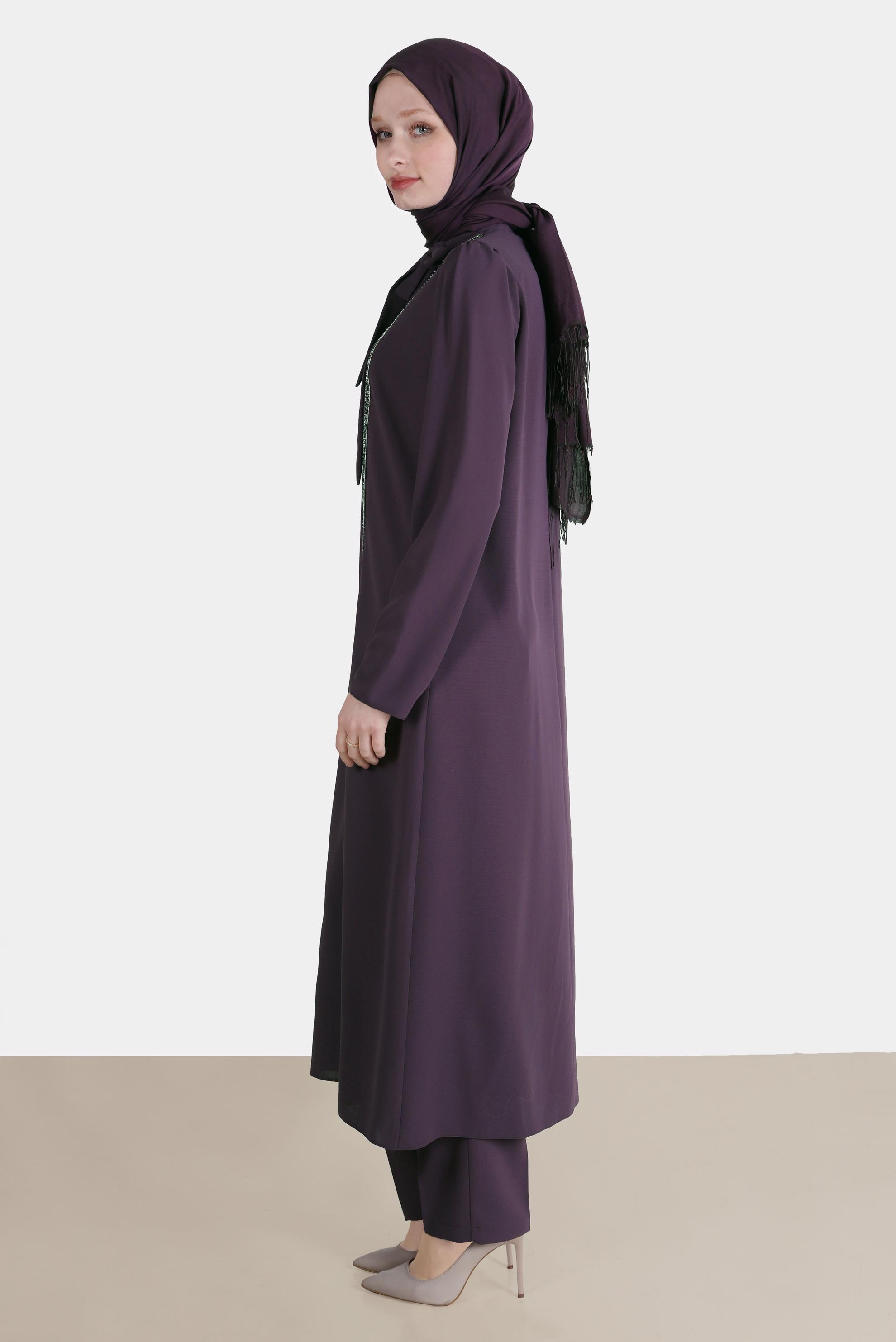 Tesettür giyim MOR BAĞLAMA DETAYLI TAŞLI İKİLİ PANTOLONLU TAKIM 30266