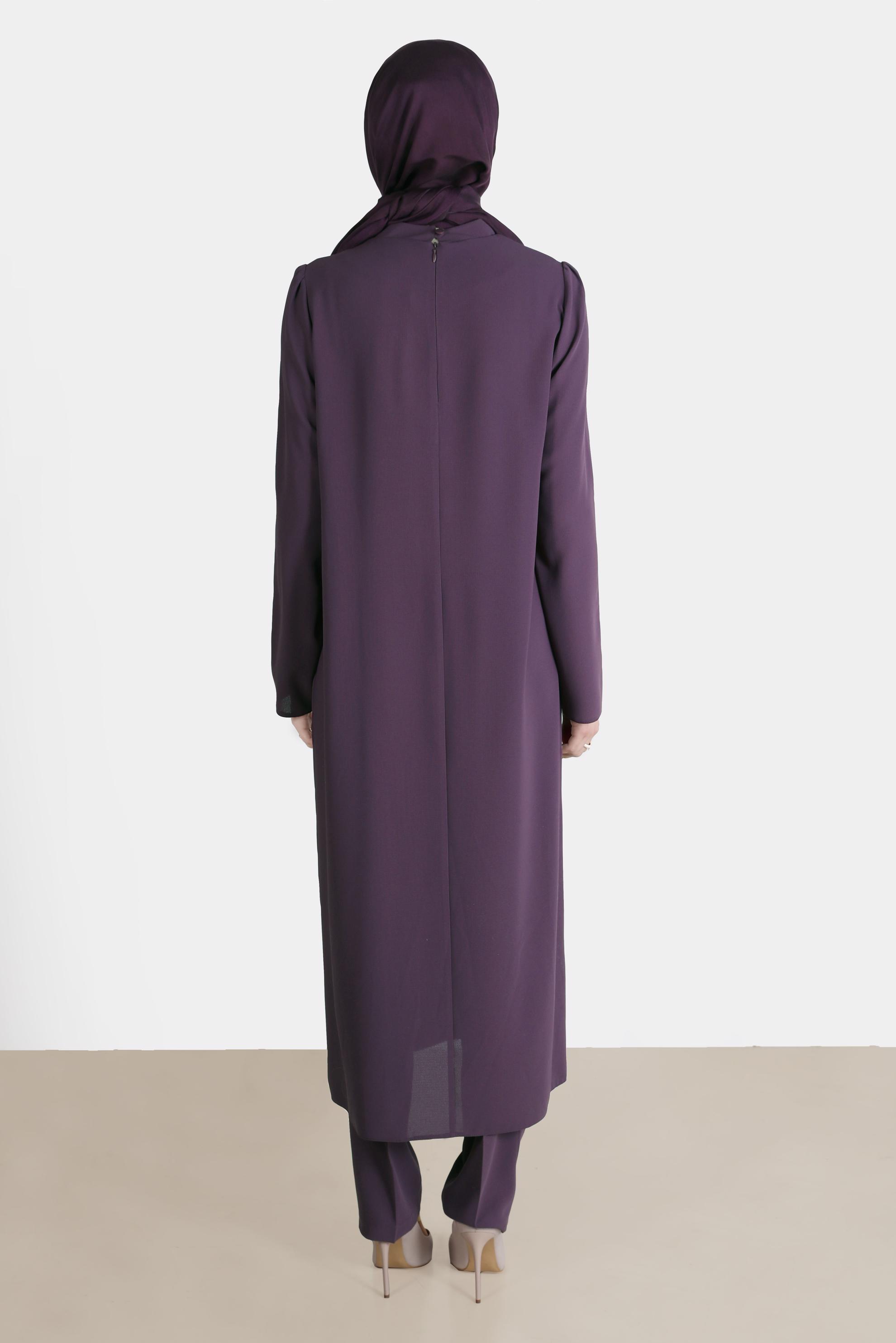 Tesettür giyim MOR BAĞLAMA DETAYLI TAŞLI İKİLİ PANTOLONLU TAKIM 30266