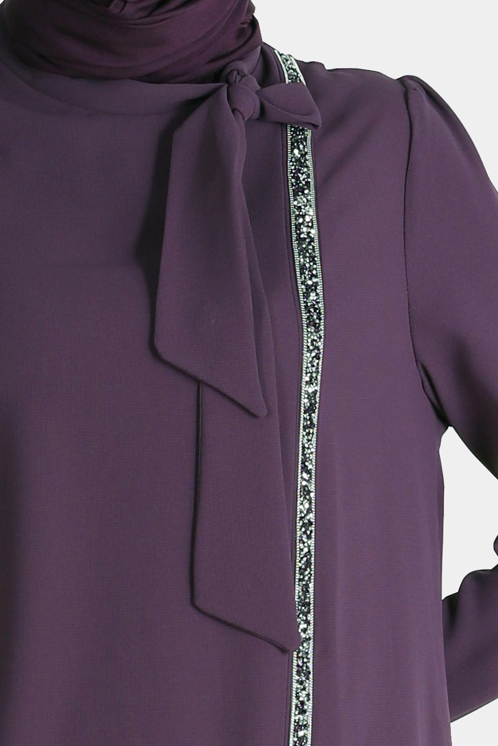 Tesettür giyim MOR BAĞLAMA DETAYLI TAŞLI İKİLİ PANTOLONLU TAKIM 30266