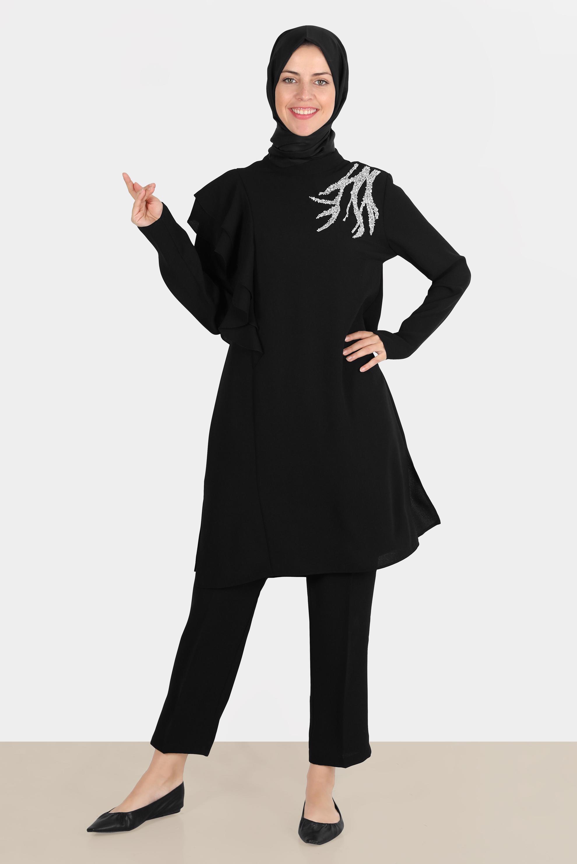Tesettür giyim SİYAH TAŞLI VOLANLI KREP İKİLİ PANT. TAKIM 30267 