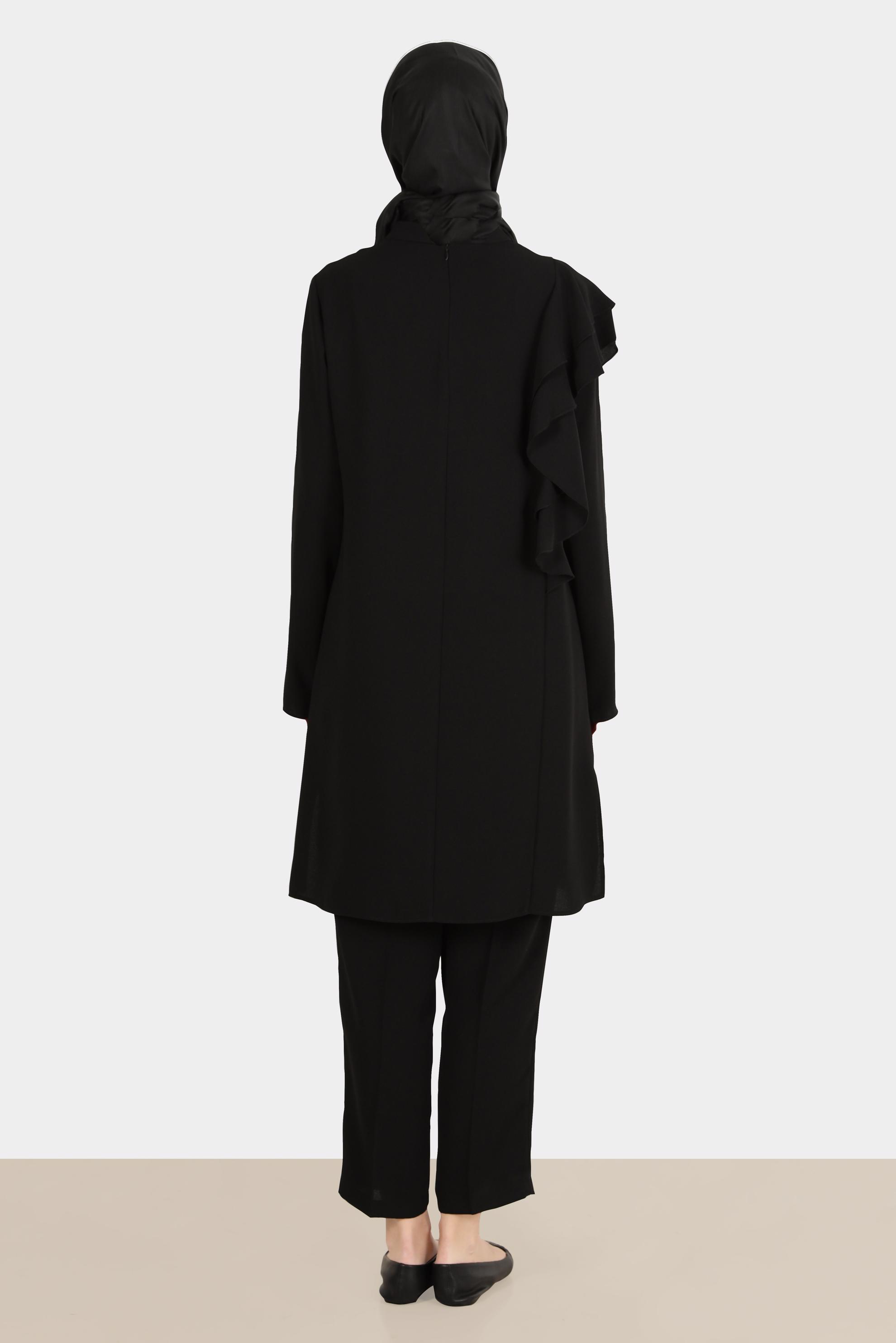 Tesettür giyim SİYAH TAŞLI VOLANLI KREP İKİLİ PANT. TAKIM 30267 