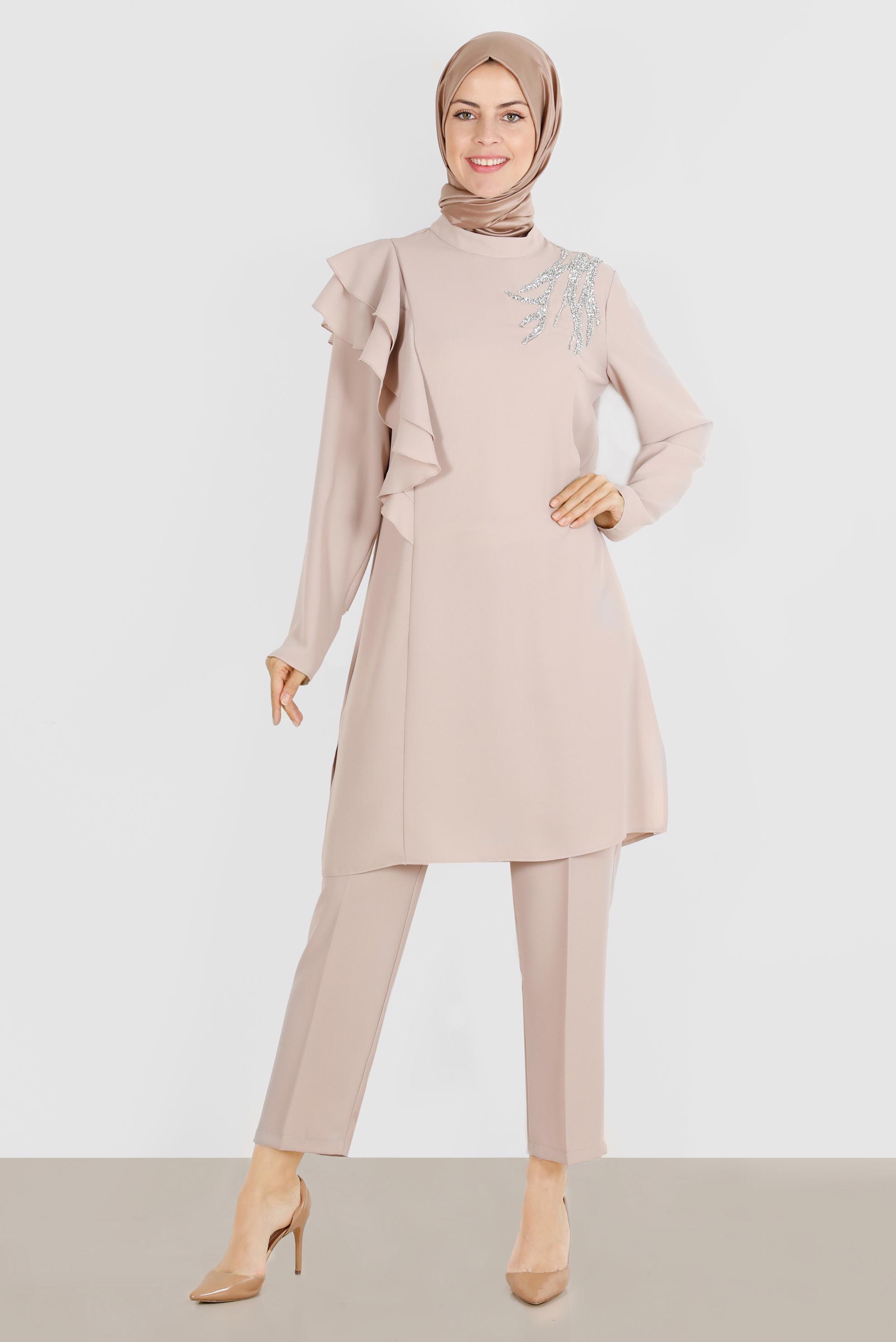 Hijab clothing BEIGE FRILLED CREPE 2-PIECE PANTS SUIT WITH GEM 30267 