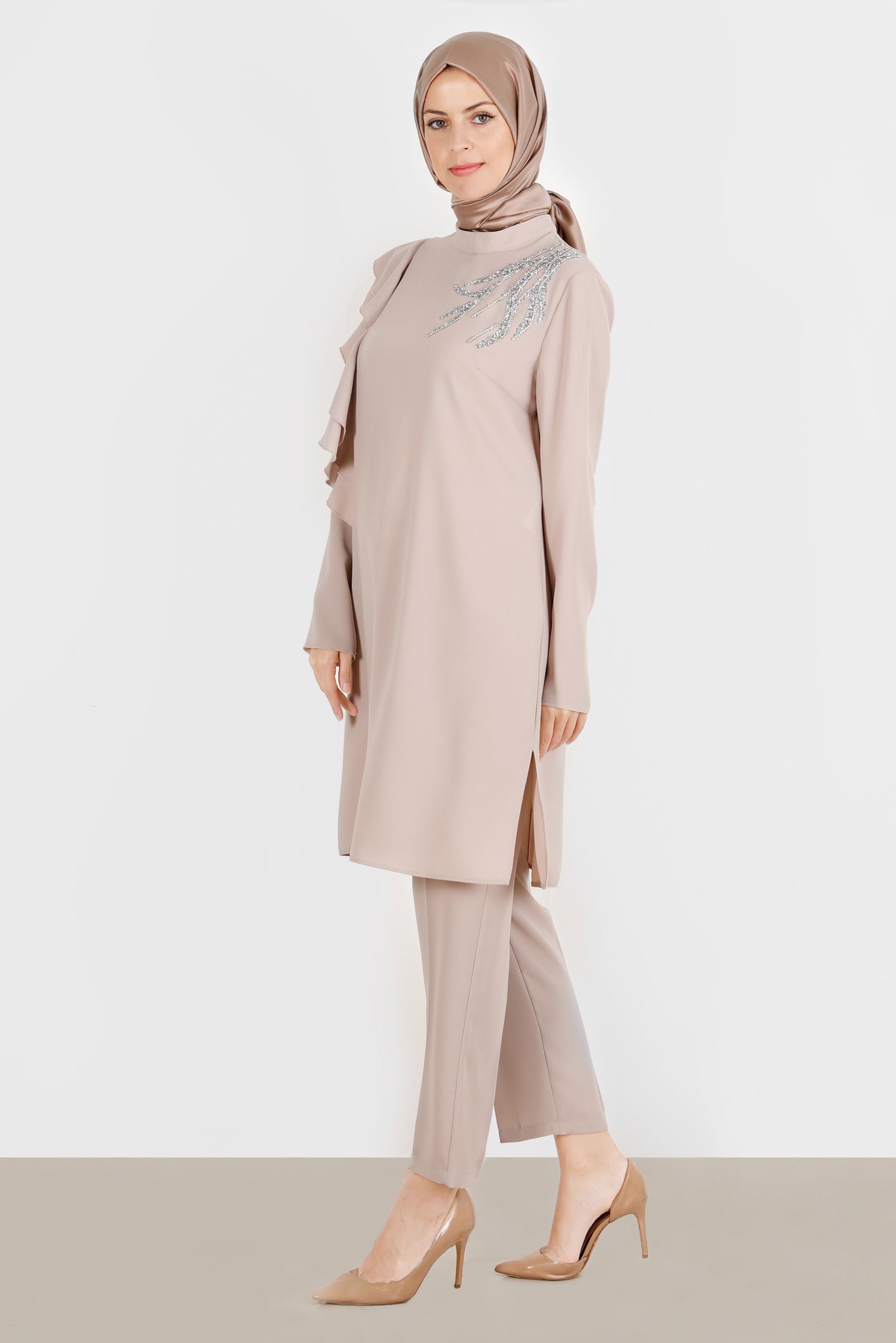 Hijab clothing BEIGE FRILLED CREPE 2-PIECE PANTS SUIT WITH GEM 30267 