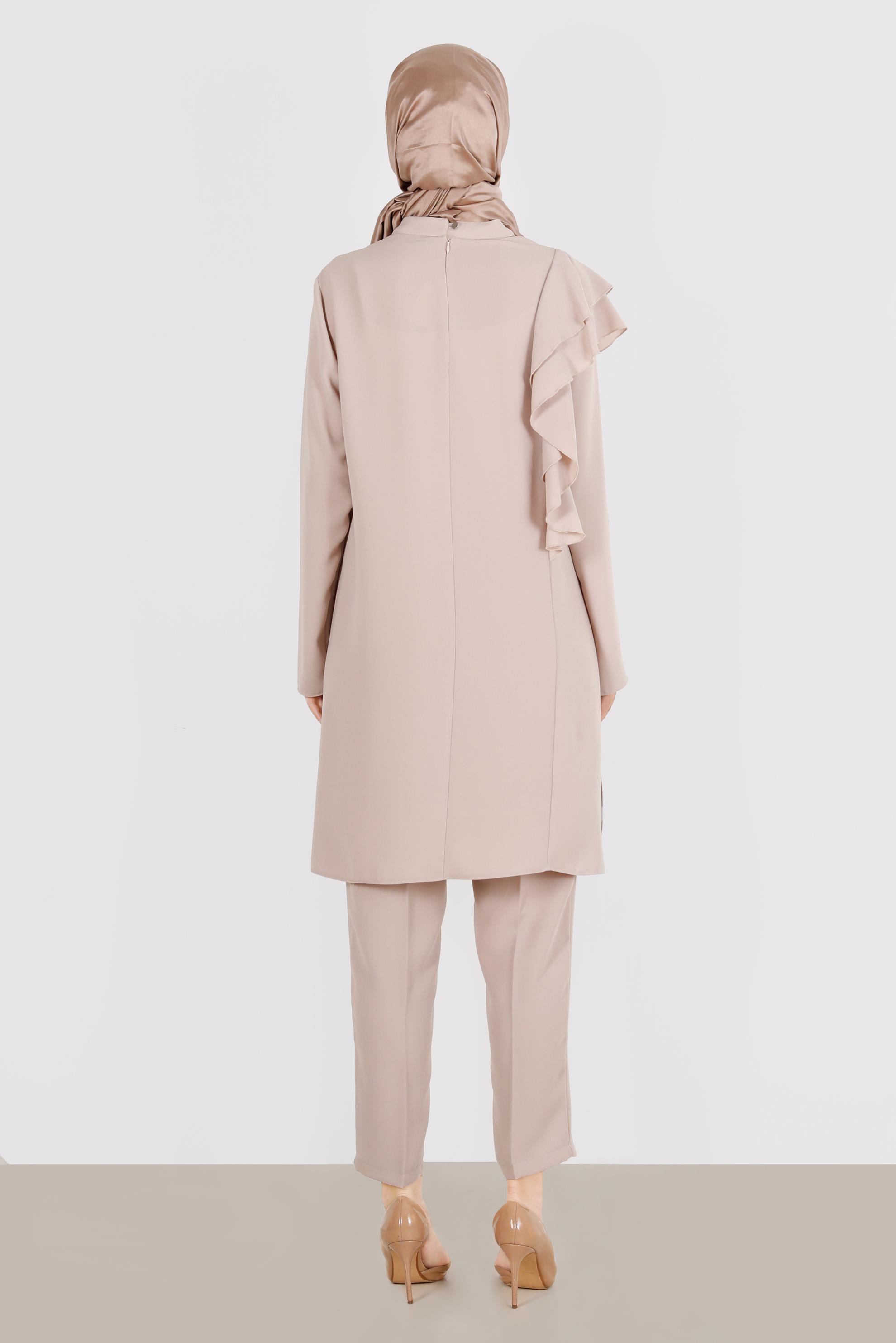 Hijab clothing BEIGE FRILLED CREPE 2-PIECE PANTS SUIT WITH GEM 30267 