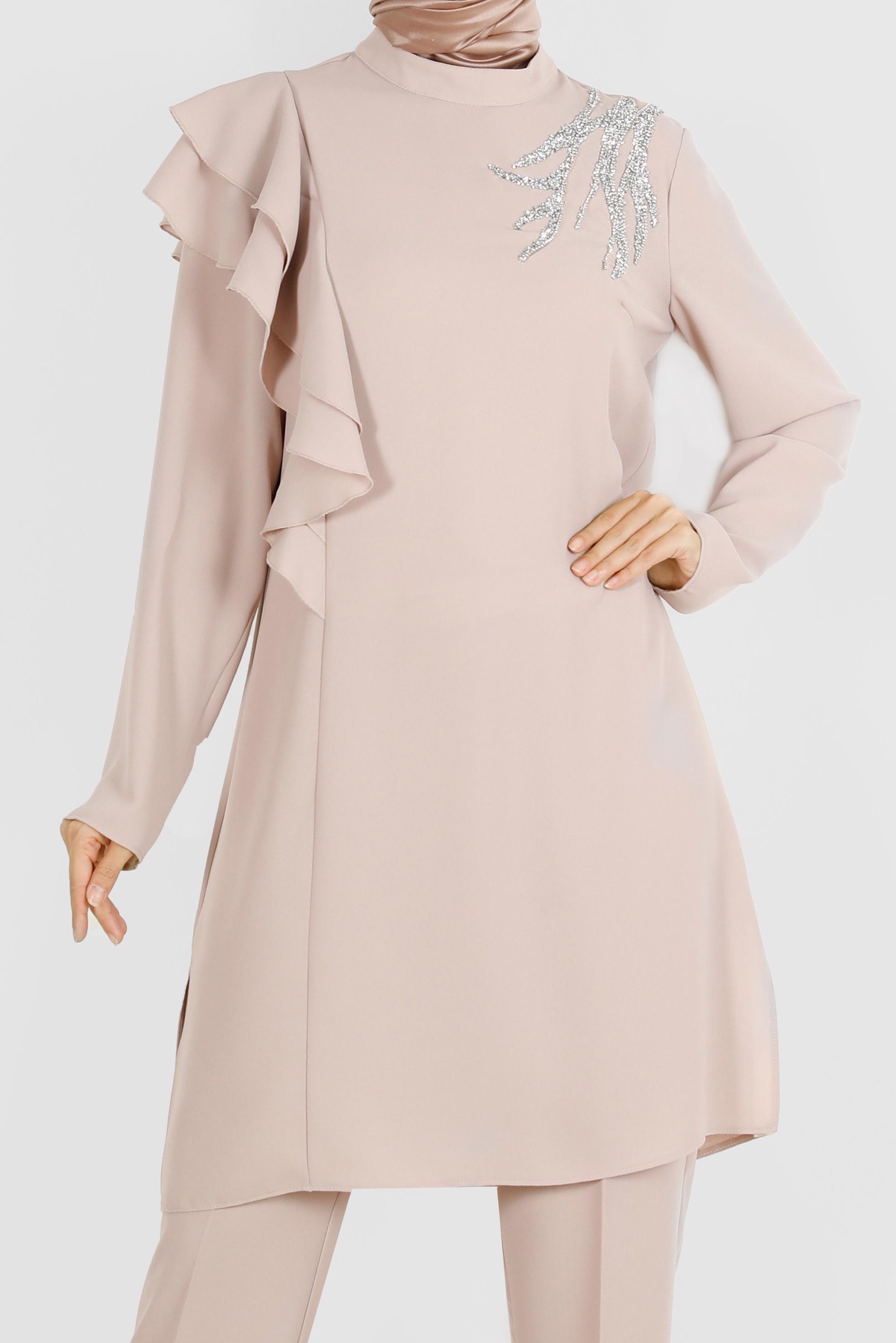 Hijab clothing BEIGE FRILLED CREPE 2-PIECE PANTS SUIT WITH GEM 30267 