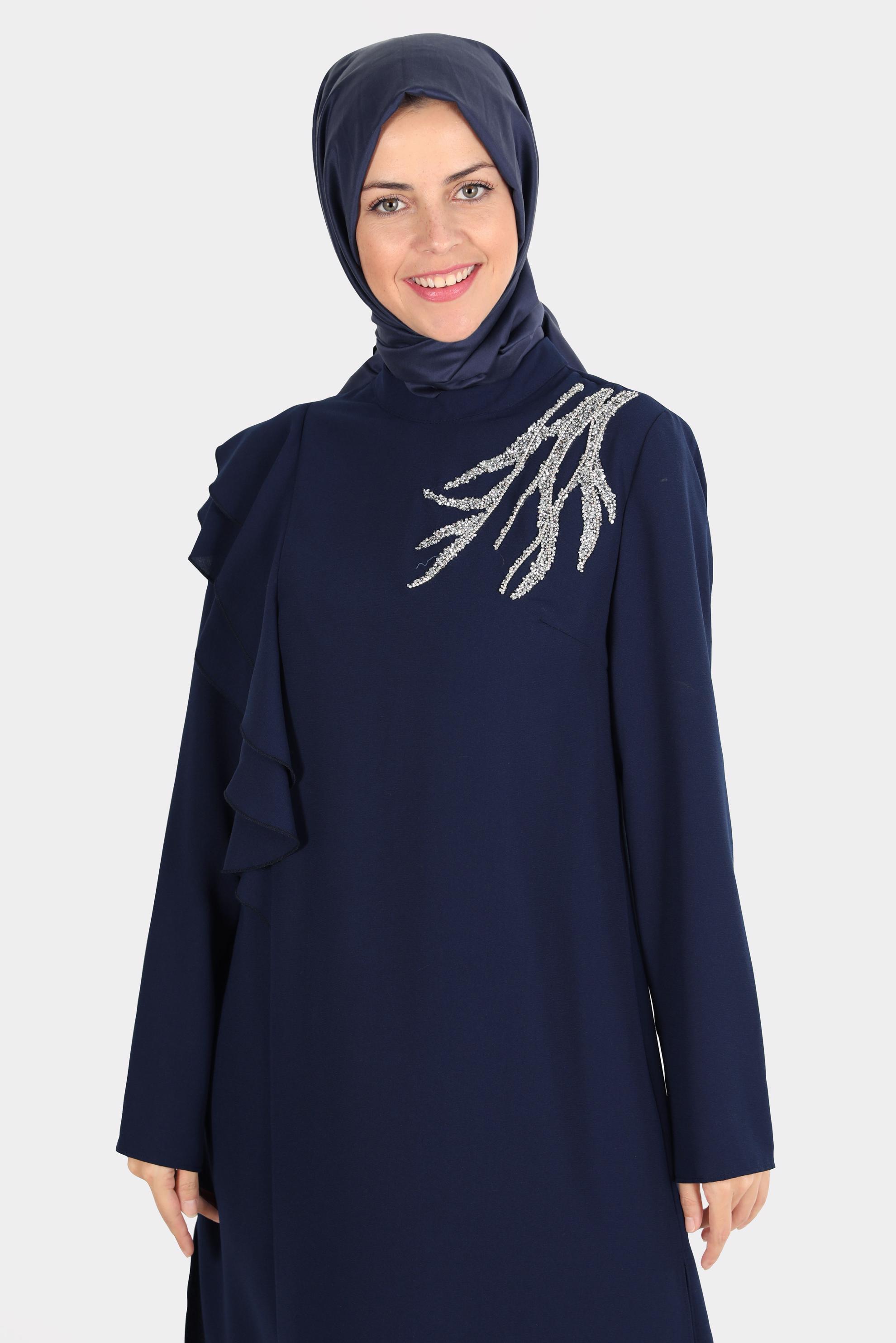 Tesettür giyim LACİVERT TAŞLI VOLANLI KREP İKİLİ PANT. TAKIM 30267 