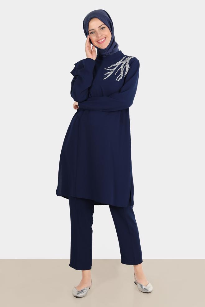 Tesettür giyim LACİVERT TAŞLI VOLANLI KREP İKİLİ PANT. TAKIM 30267  - ALVİNA