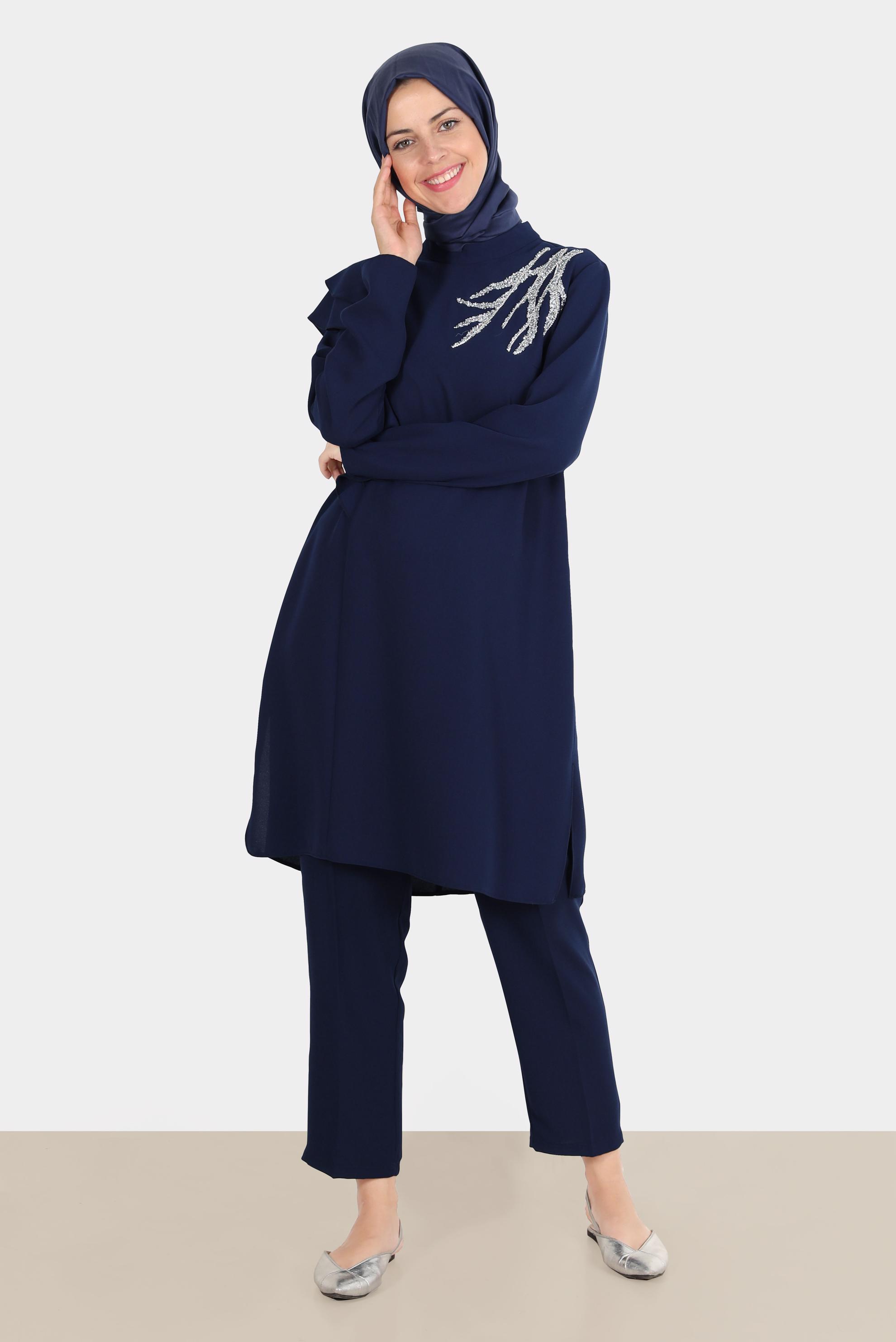 Tesettür giyim LACİVERT TAŞLI VOLANLI KREP İKİLİ PANT. TAKIM 30267 