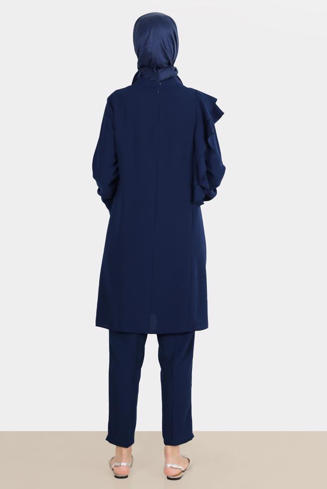 Tesettür giyim LACİVERT TAŞLI VOLANLI KREP İKİLİ PANT. TAKIM 30267  - ALVİNA