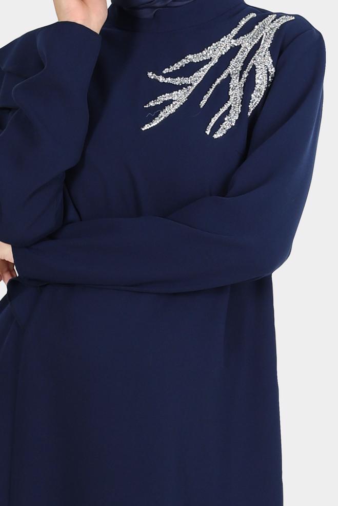 Tesettür giyim LACİVERT TAŞLI VOLANLI KREP İKİLİ PANT. TAKIM 30267  - ALVİNA