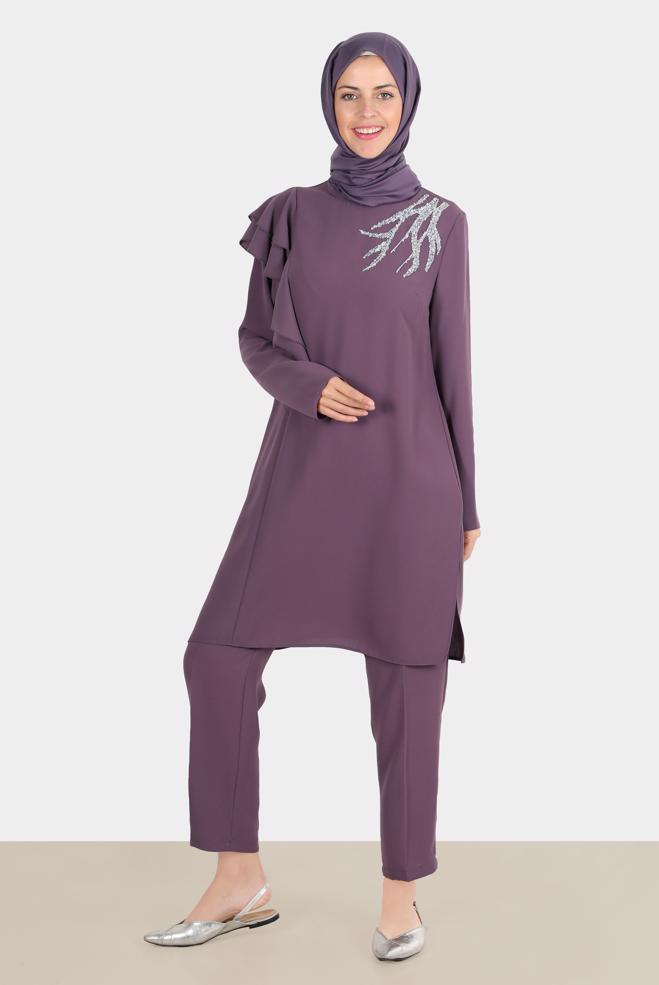 Hijab clothing  FRILLED CREPE 2-PIECE PANTS SUIT WITH GEM 30267  - ALVİNA