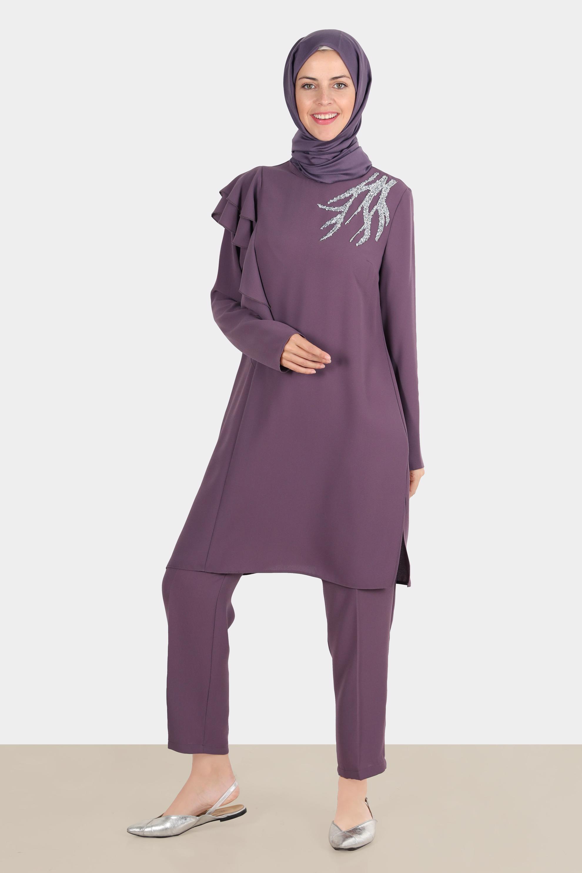 Hijab clothing PURPLE FRILLED CREPE 2-PIECE PANTS SUIT WITH GEM 30267 
