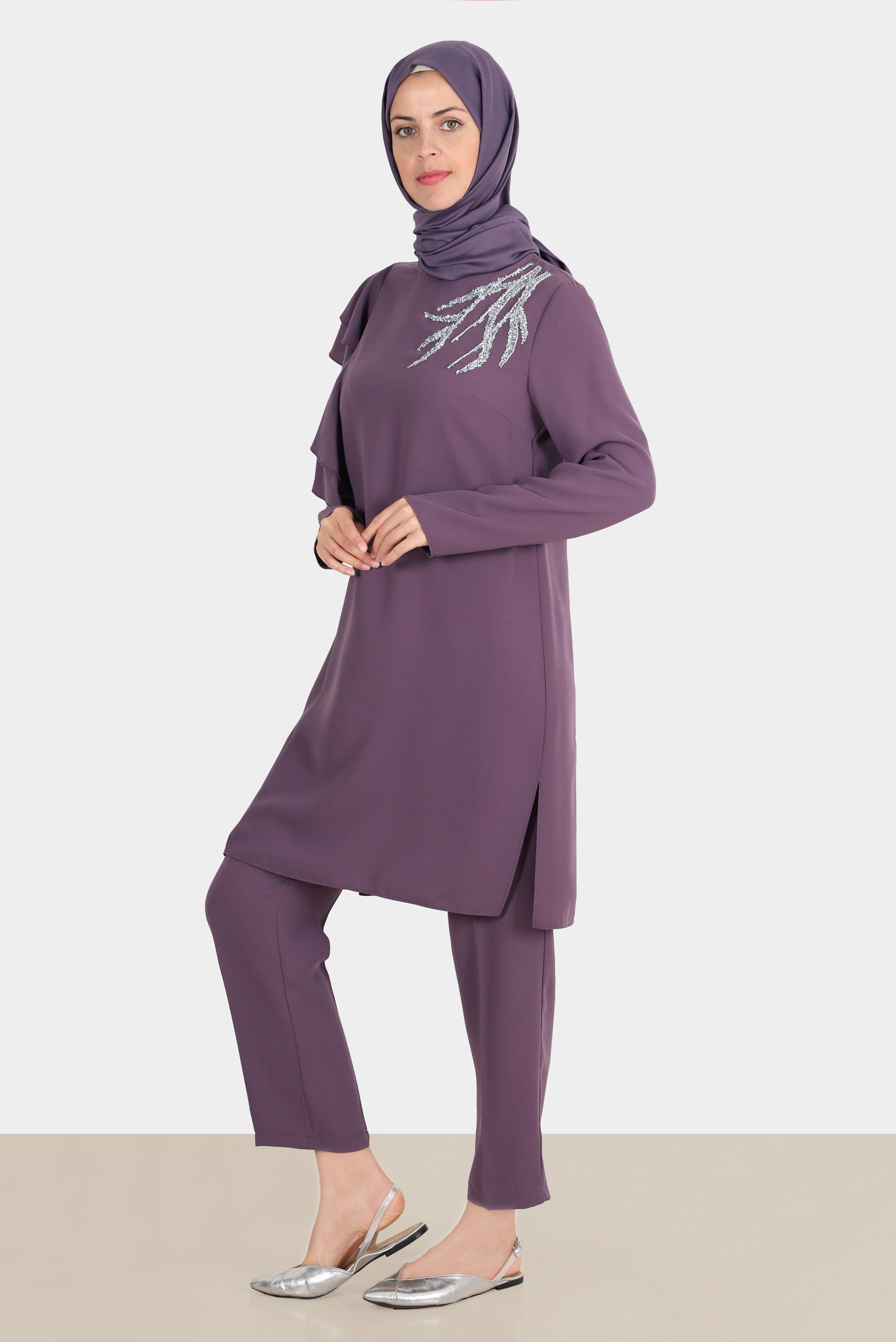 Hijab clothing PURPLE FRILLED CREPE 2-PIECE PANTS SUIT WITH GEM 30267 