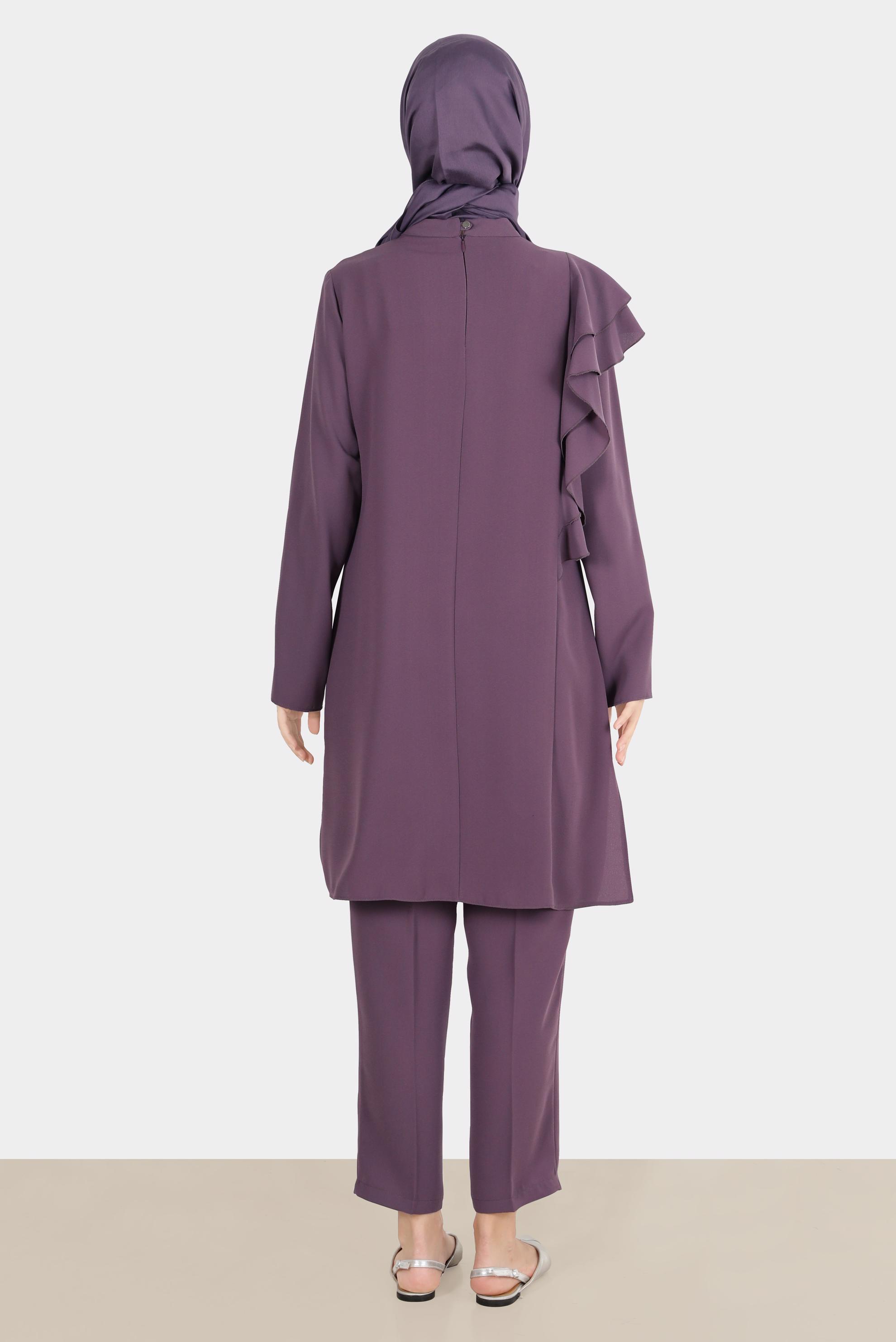 Hijab clothing PURPLE FRILLED CREPE 2-PIECE PANTS SUIT WITH GEM 30267 