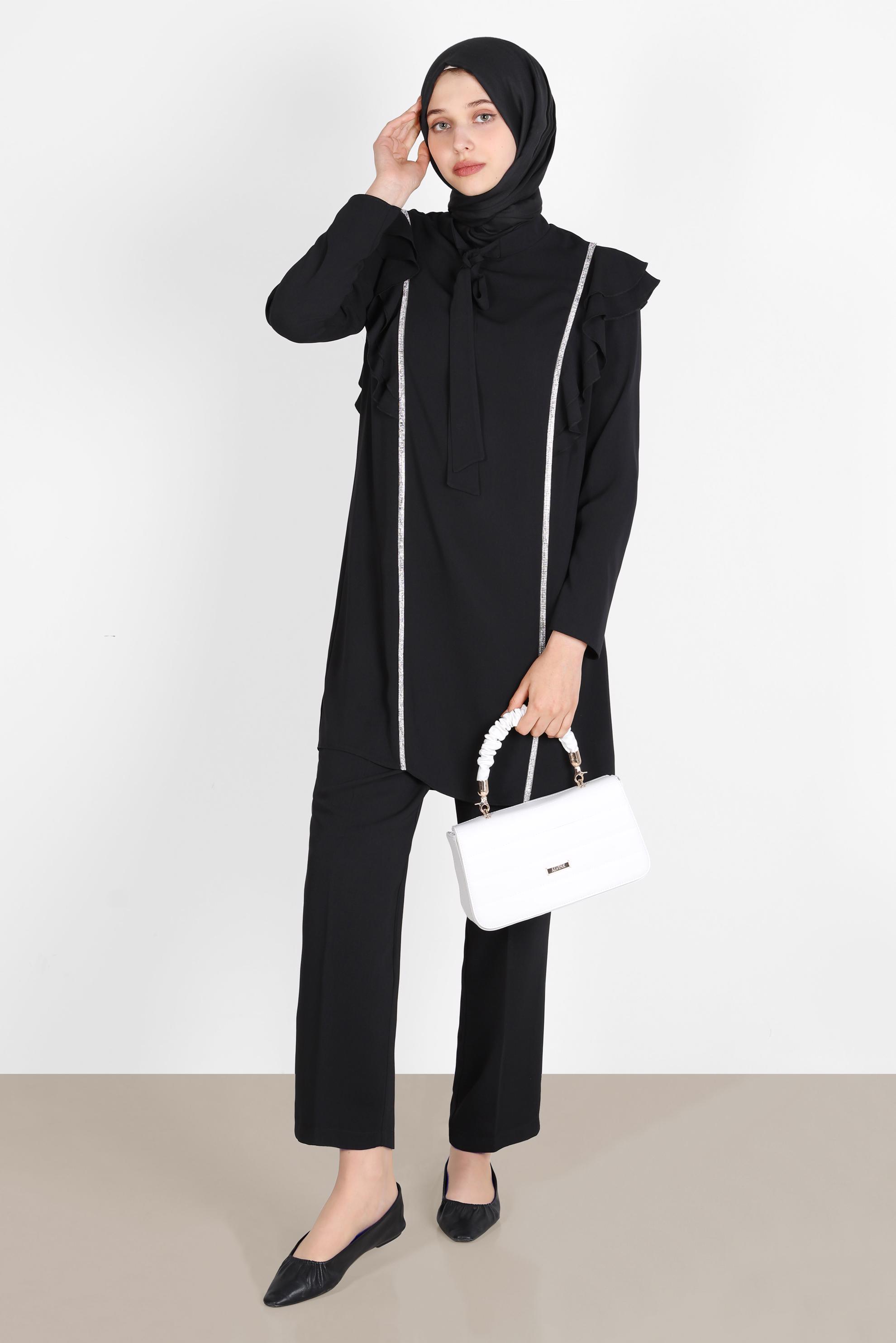 Tesettür giyim SİYAH TAŞLI VOLANLI İKİLİ PANT. TAKIM 30269 