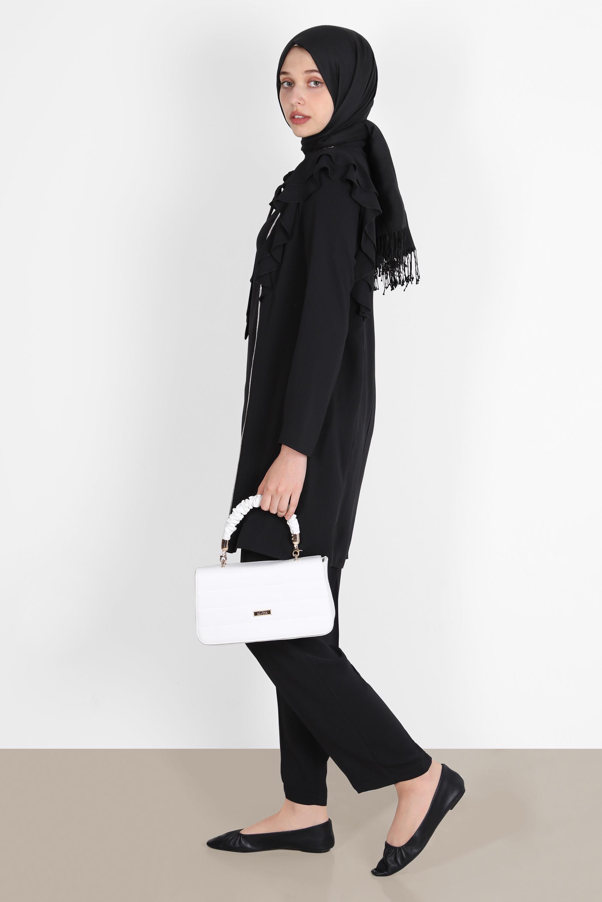 Tesettür giyim SİYAH TAŞLI VOLANLI İKİLİ PANT. TAKIM 30269 