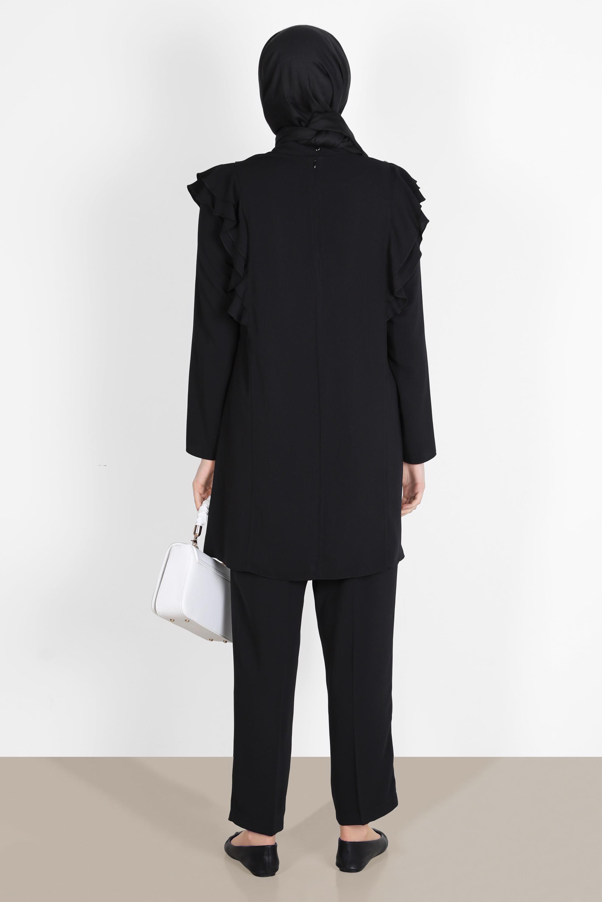 Tesettür giyim SİYAH TAŞLI VOLANLI İKİLİ PANT. TAKIM 30269 