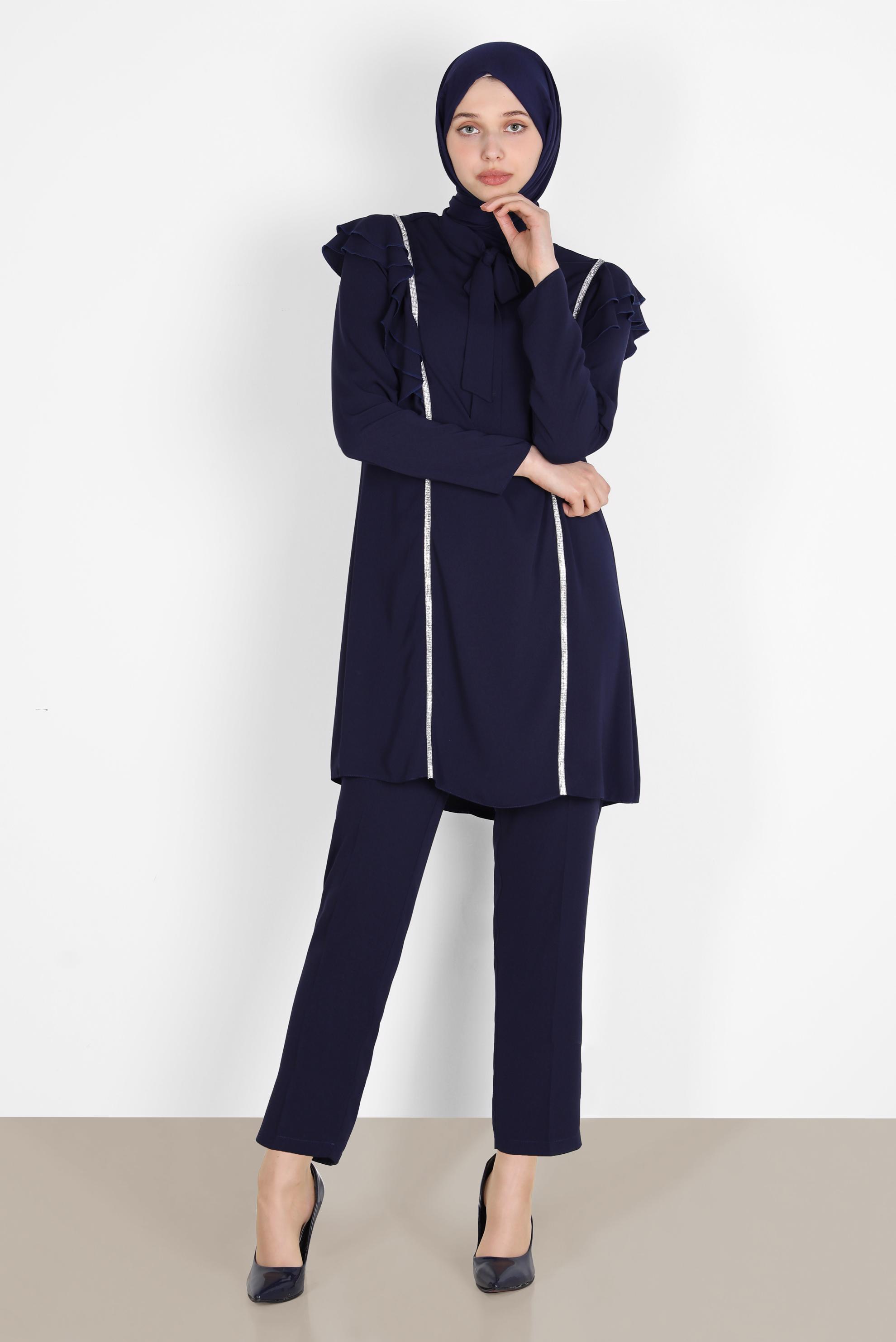 Tesettür giyim LACİVERT TAŞLI VOLANLI İKİLİ PANT. TAKIM 30269 