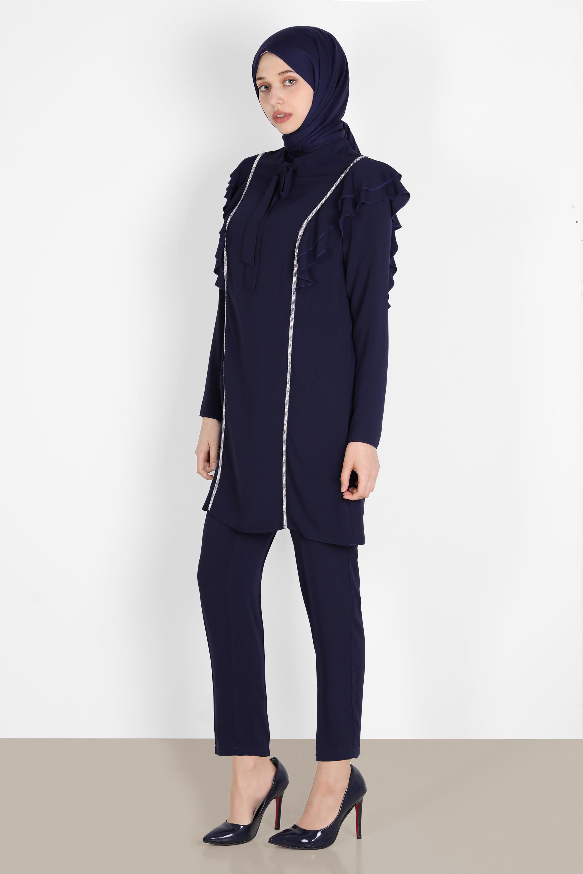 Tesettür giyim LACİVERT TAŞLI VOLANLI İKİLİ PANT. TAKIM 30269 