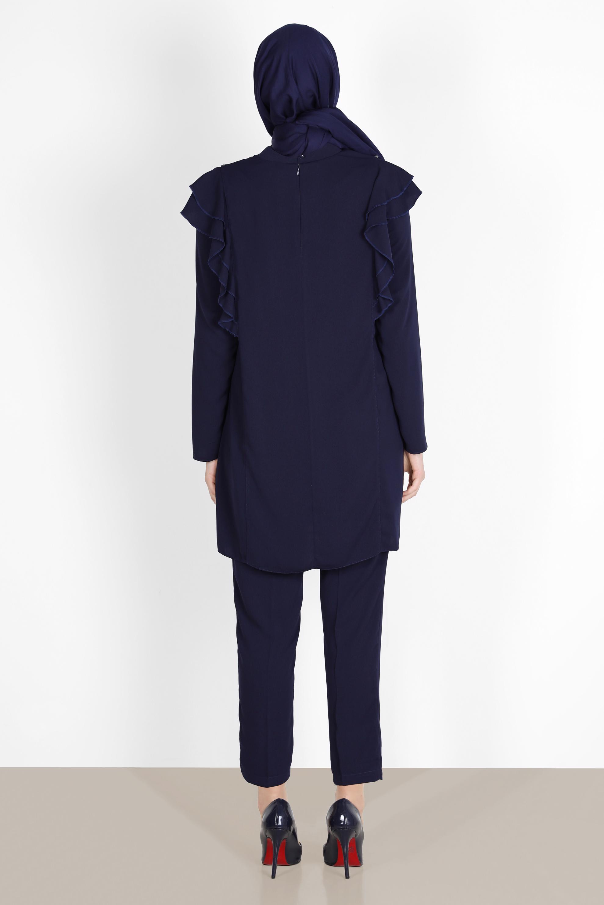 Tesettür giyim LACİVERT TAŞLI VOLANLI İKİLİ PANT. TAKIM 30269 