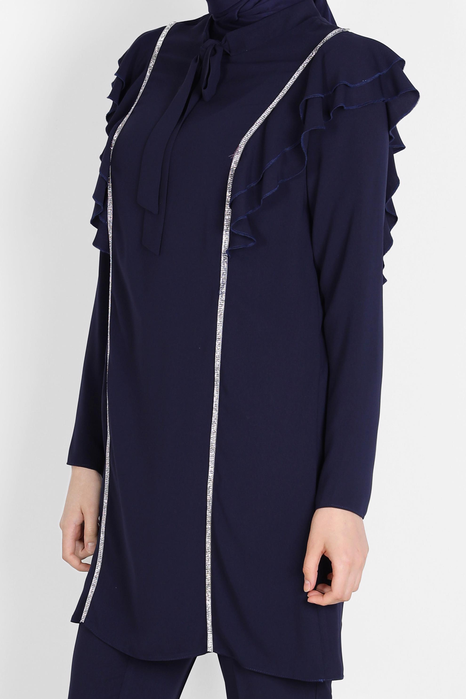 Tesettür giyim LACİVERT TAŞLI VOLANLI İKİLİ PANT. TAKIM 30269 