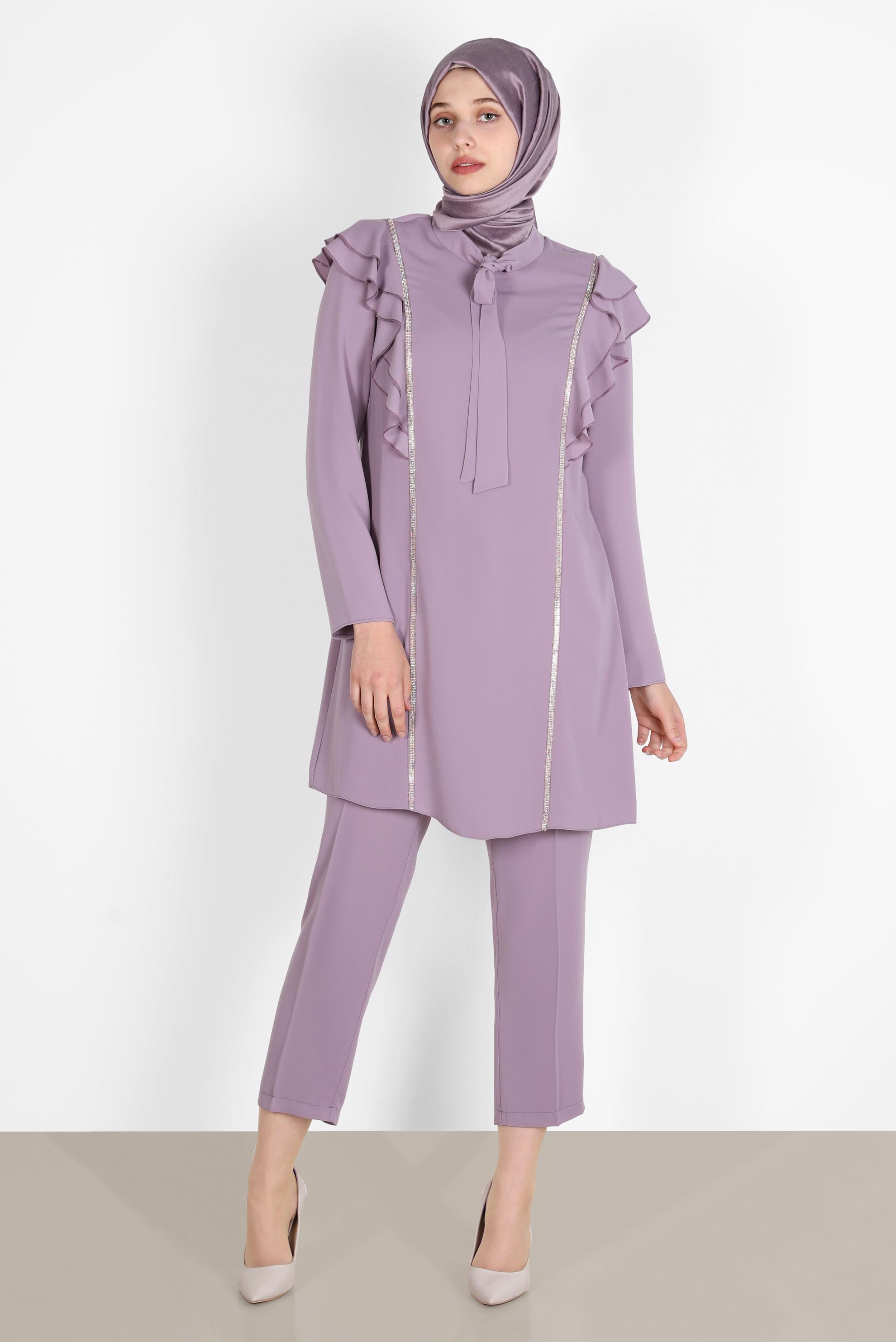 Tesettür giyim MOR TAŞLI VOLANLI İKİLİ PANT. TAKIM 30269 
