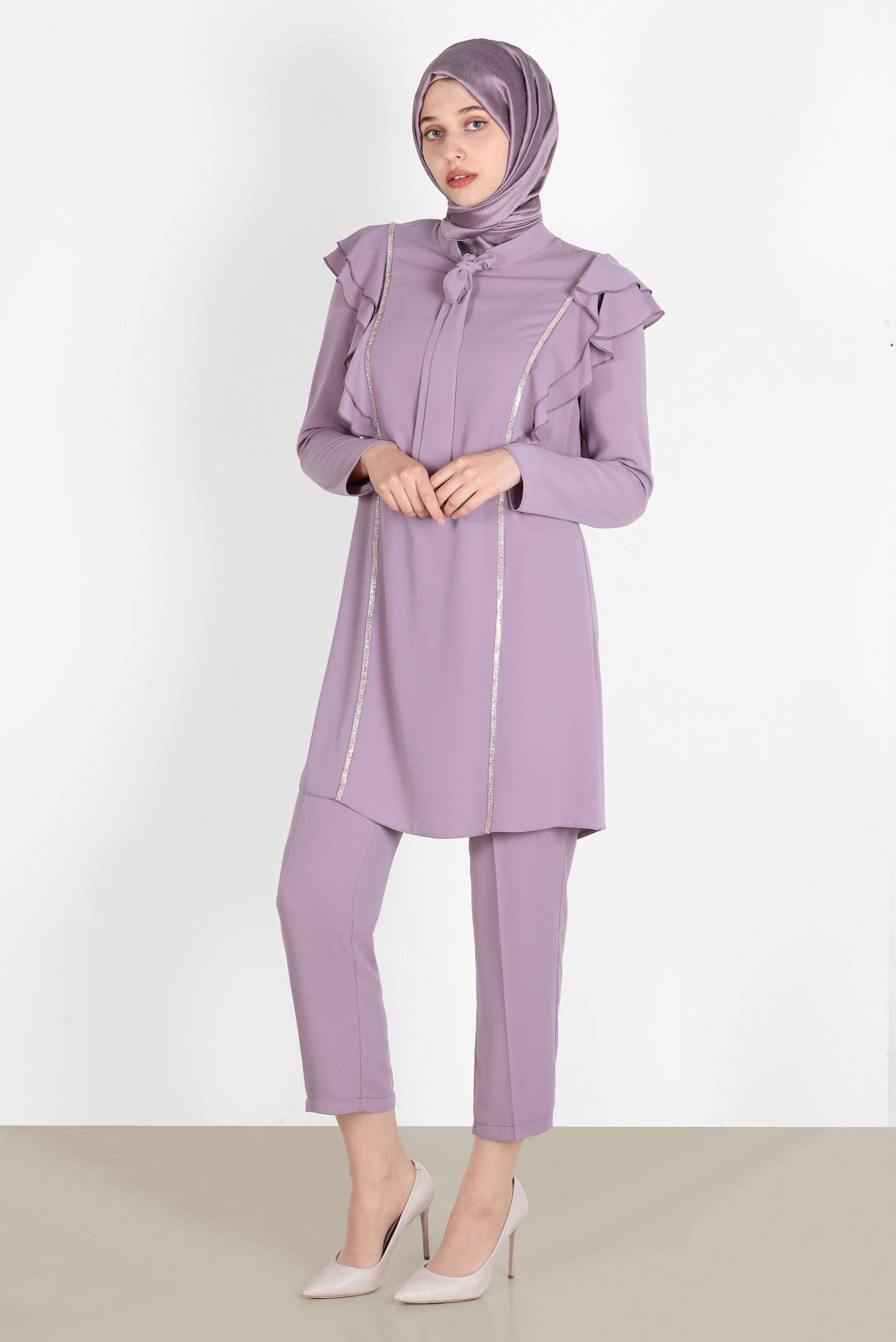 Tesettür giyim MOR TAŞLI VOLANLI İKİLİ PANT. TAKIM 30269 