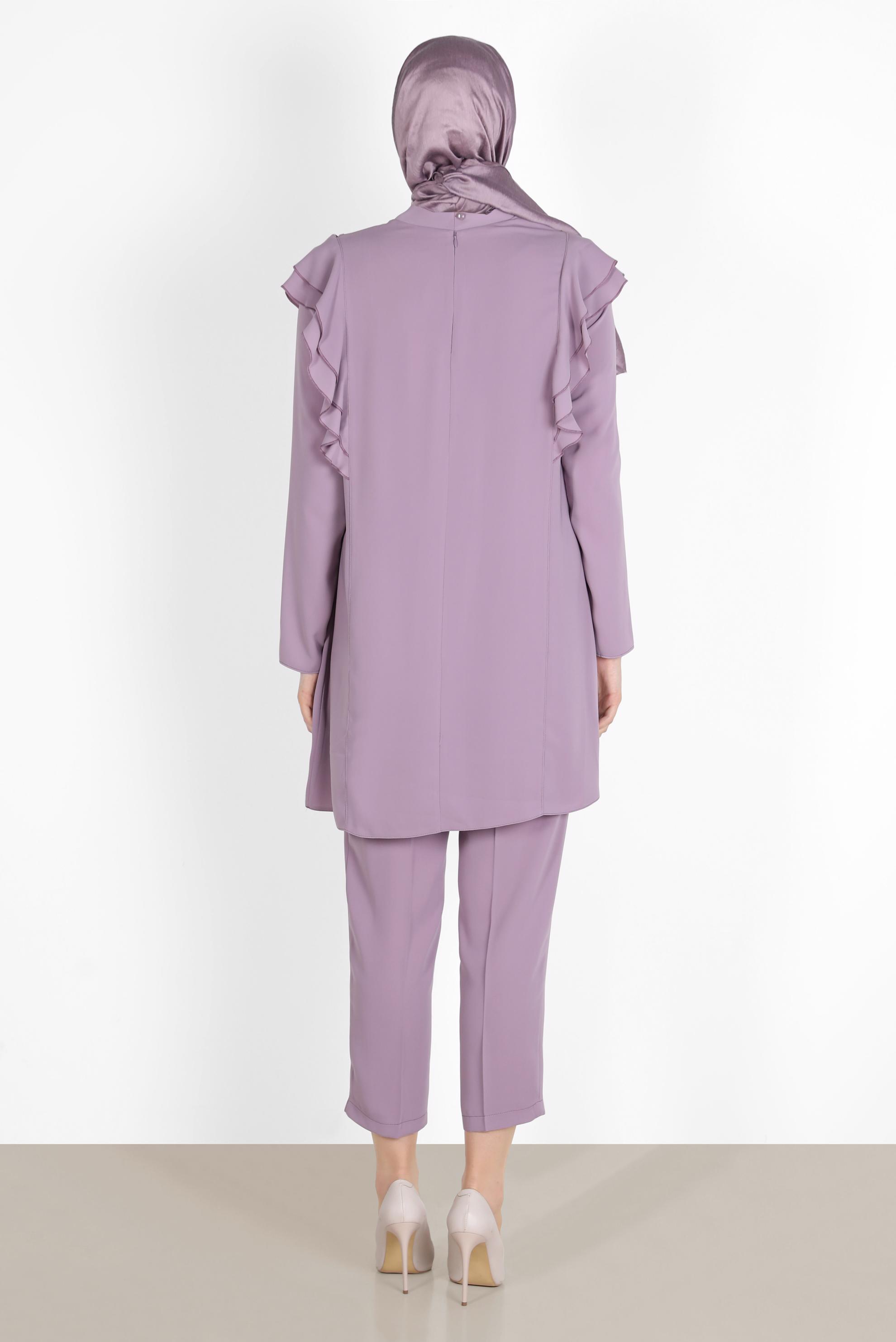 Tesettür giyim MOR TAŞLI VOLANLI İKİLİ PANT. TAKIM 30269 