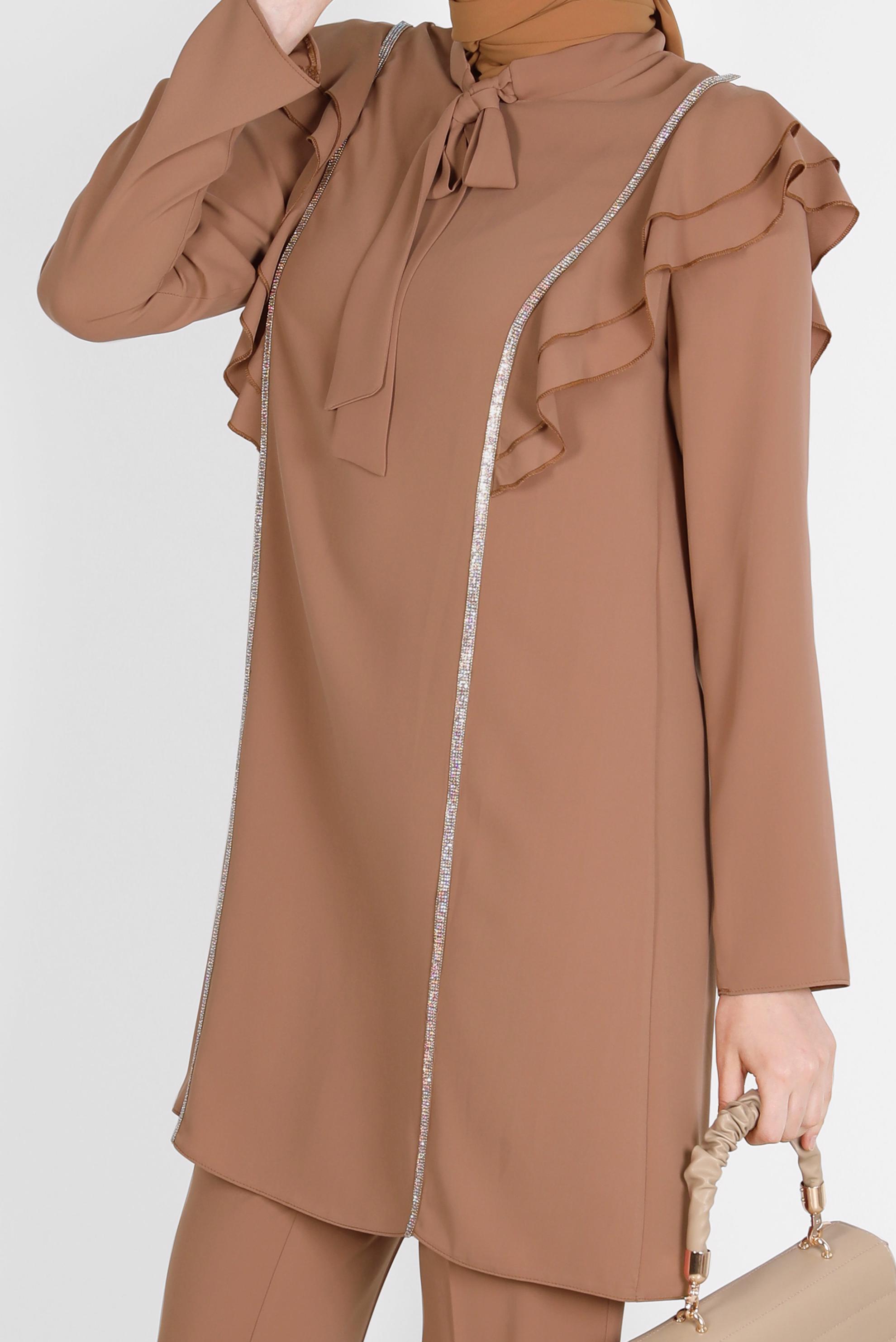 Tesettür giyim KAHVE TAŞLI VOLANLI İKİLİ PANT. TAKIM 30269 