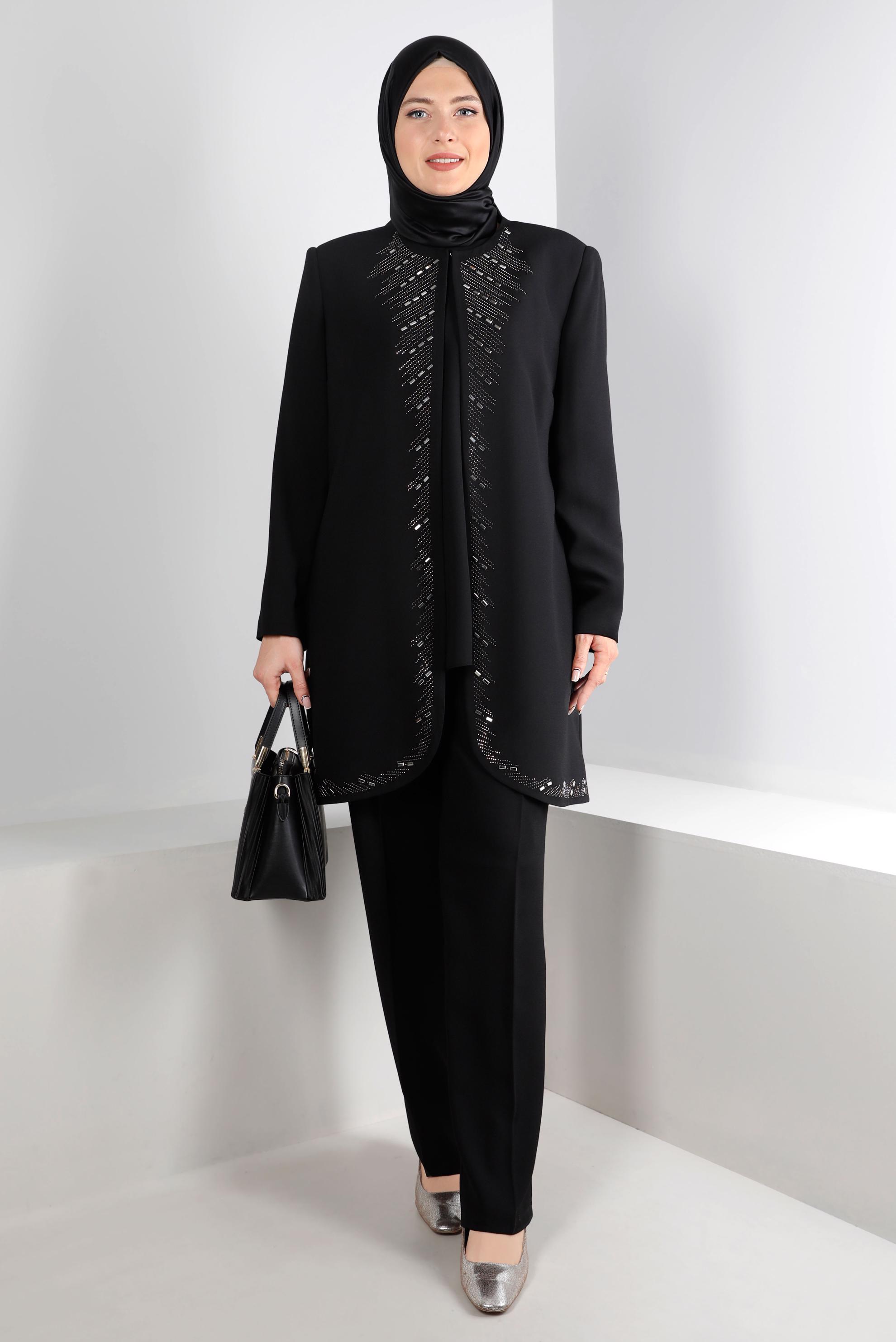 Tesettür giyim SİYAH ZIMBA DETAYLI KREP ÜÇLÜ PANTOLON TAKIMI 30270 