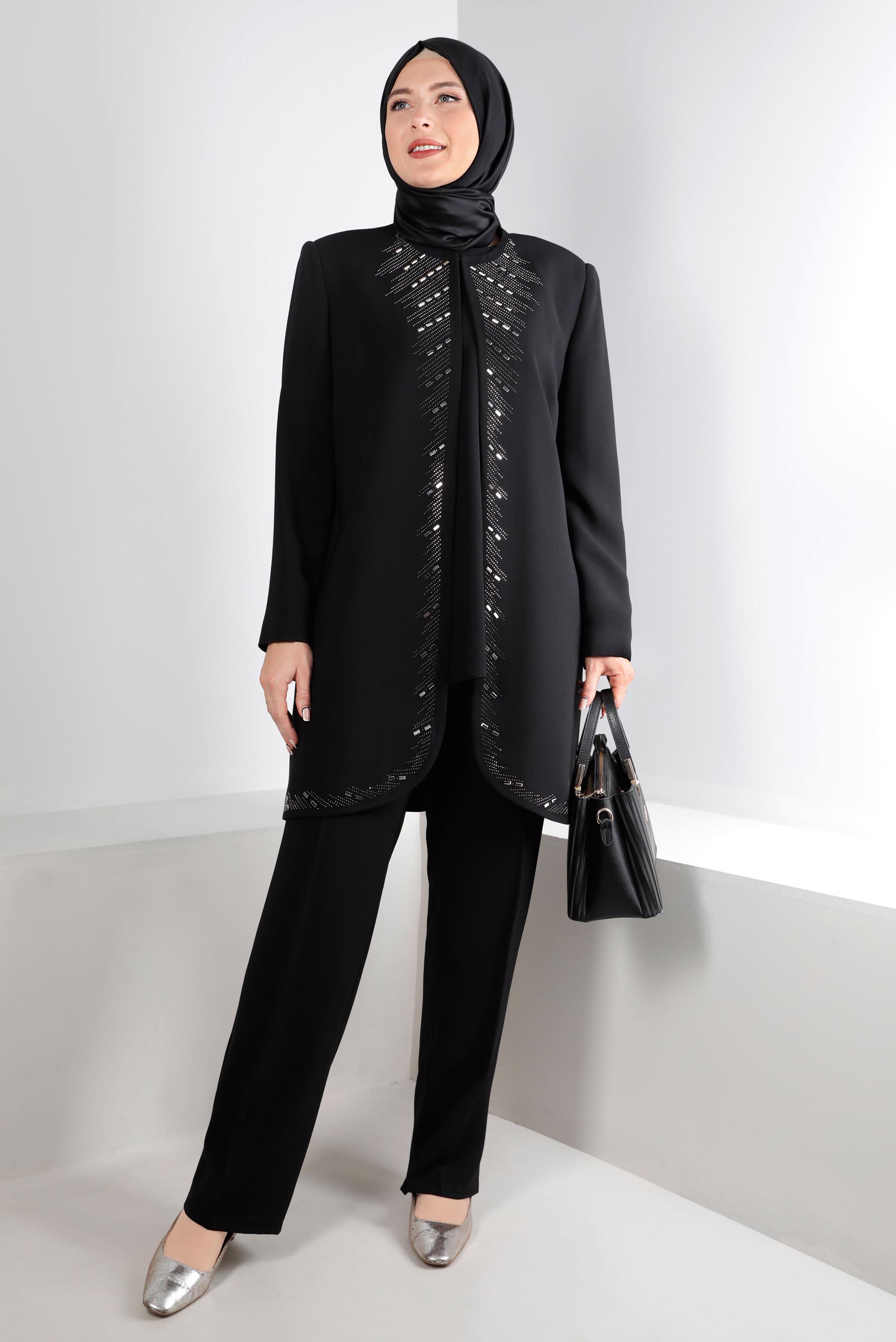 Tesettür giyim SİYAH ZIMBA DETAYLI KREP ÜÇLÜ PANTOLON TAKIMI 30270 