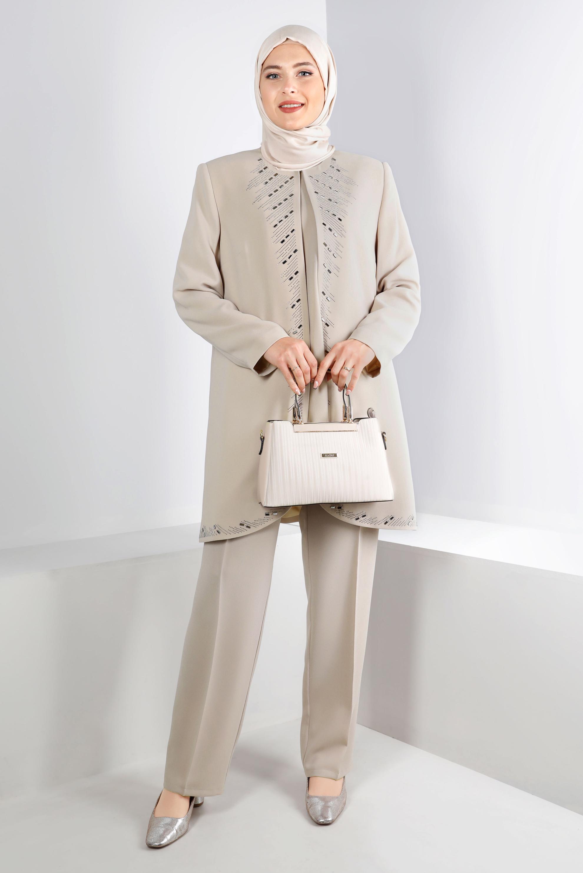 Tesettür giyim BEJ ZIMBA DETAYLI KREP ÜÇLÜ PANTOLON TAKIMI 30270 