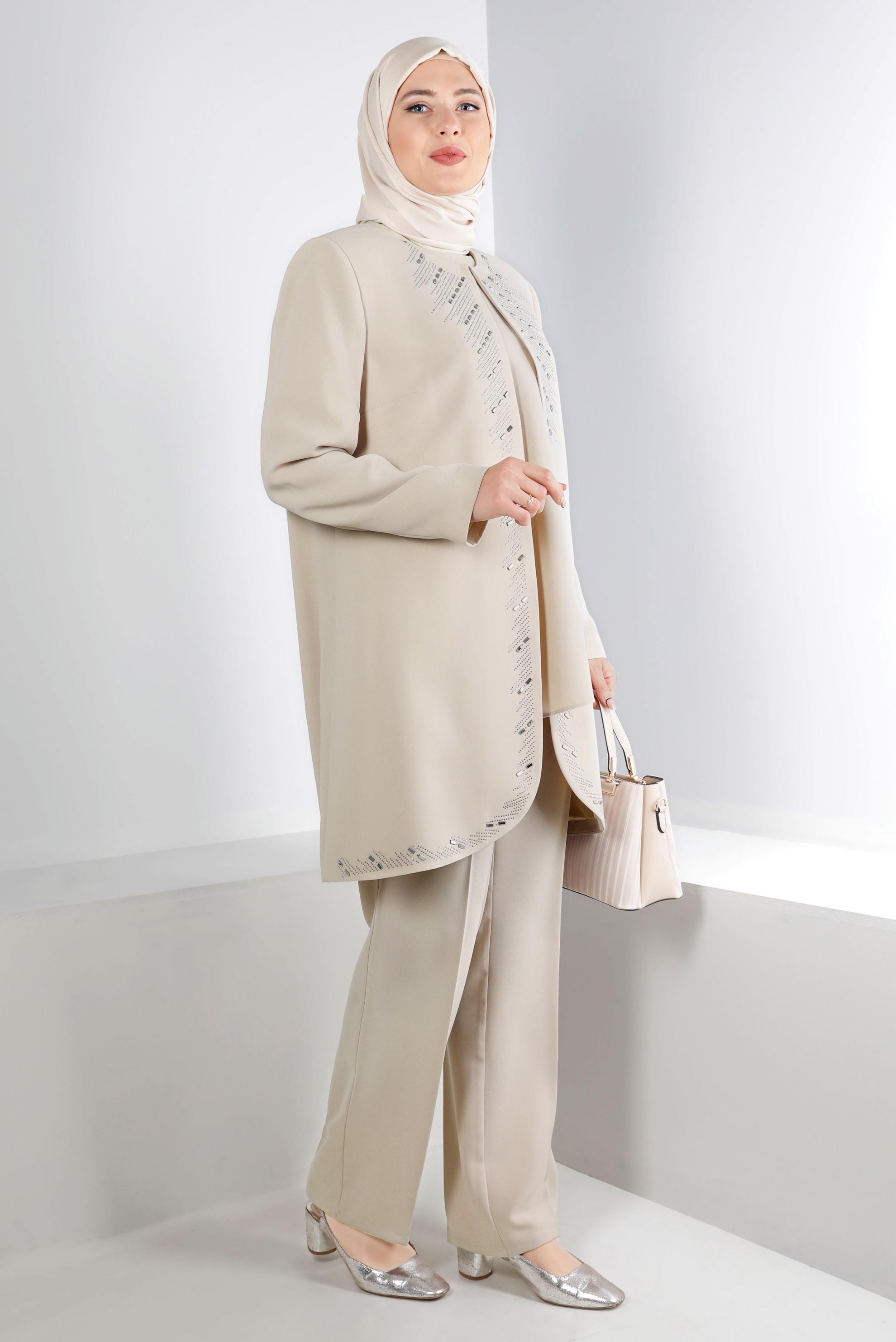 Tesettür giyim BEJ ZIMBA DETAYLI KREP ÜÇLÜ PANTOLON TAKIMI 30270 