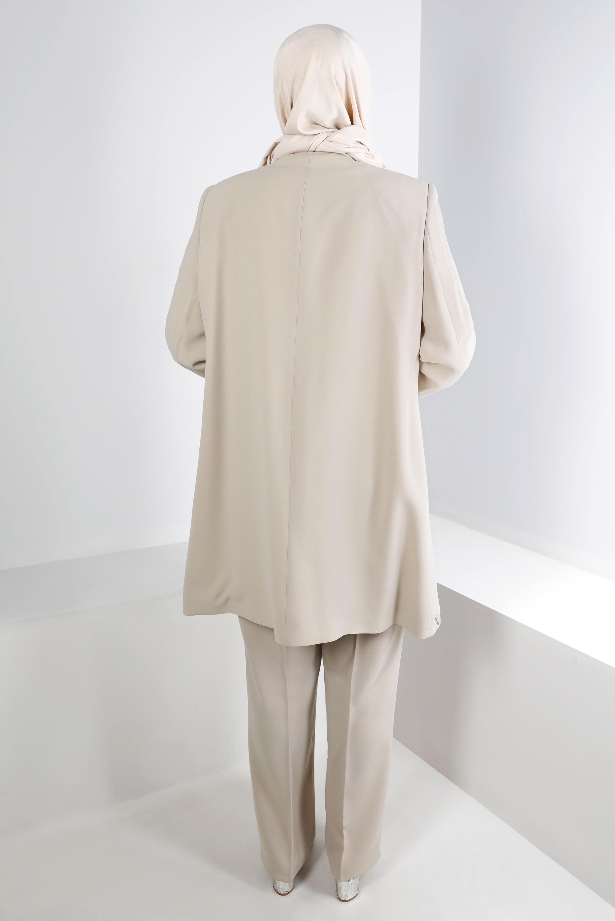 Tesettür giyim BEJ ZIMBA DETAYLI KREP ÜÇLÜ PANTOLON TAKIMI 30270 