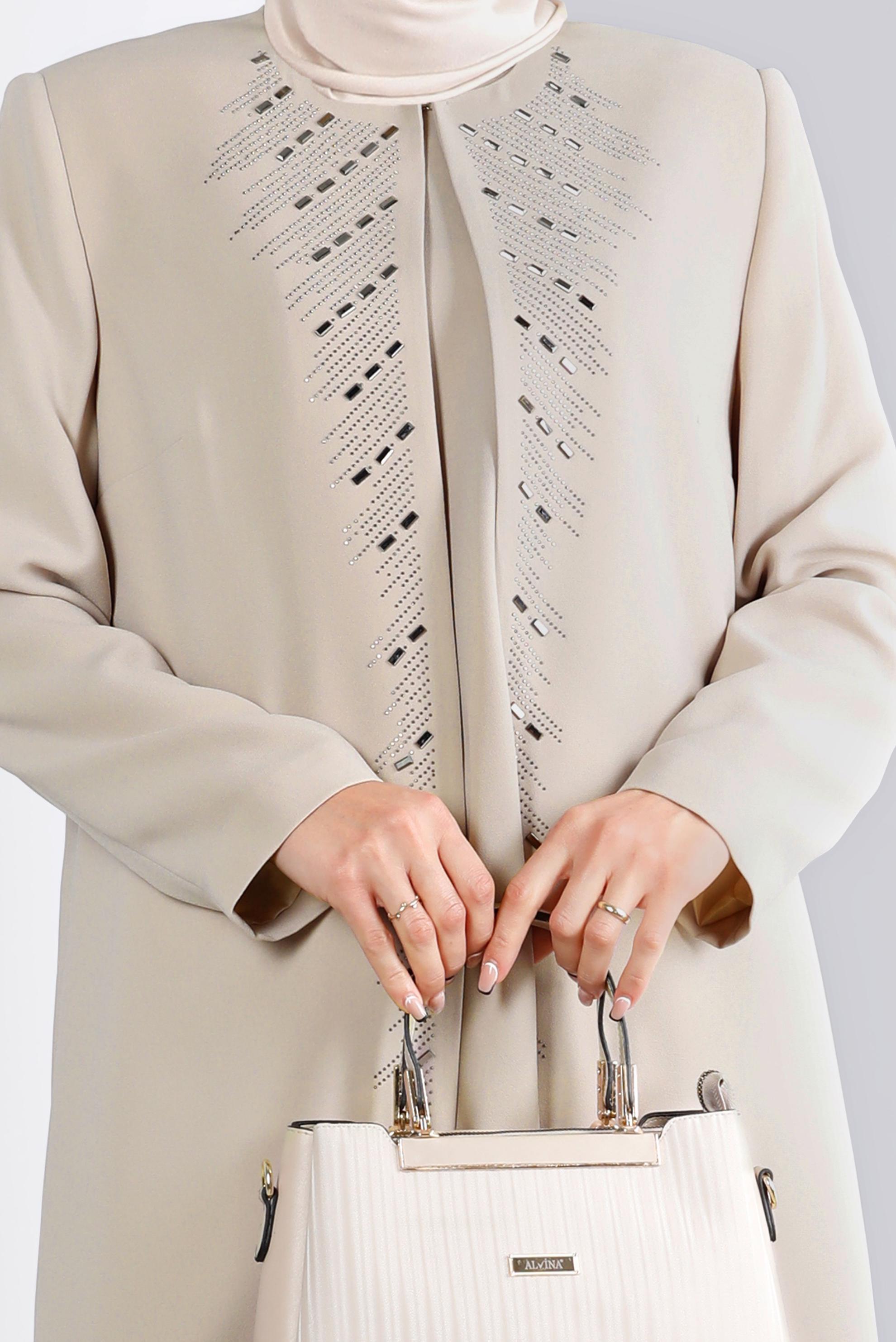 Tesettür giyim BEJ ZIMBA DETAYLI KREP ÜÇLÜ PANTOLON TAKIMI 30270 