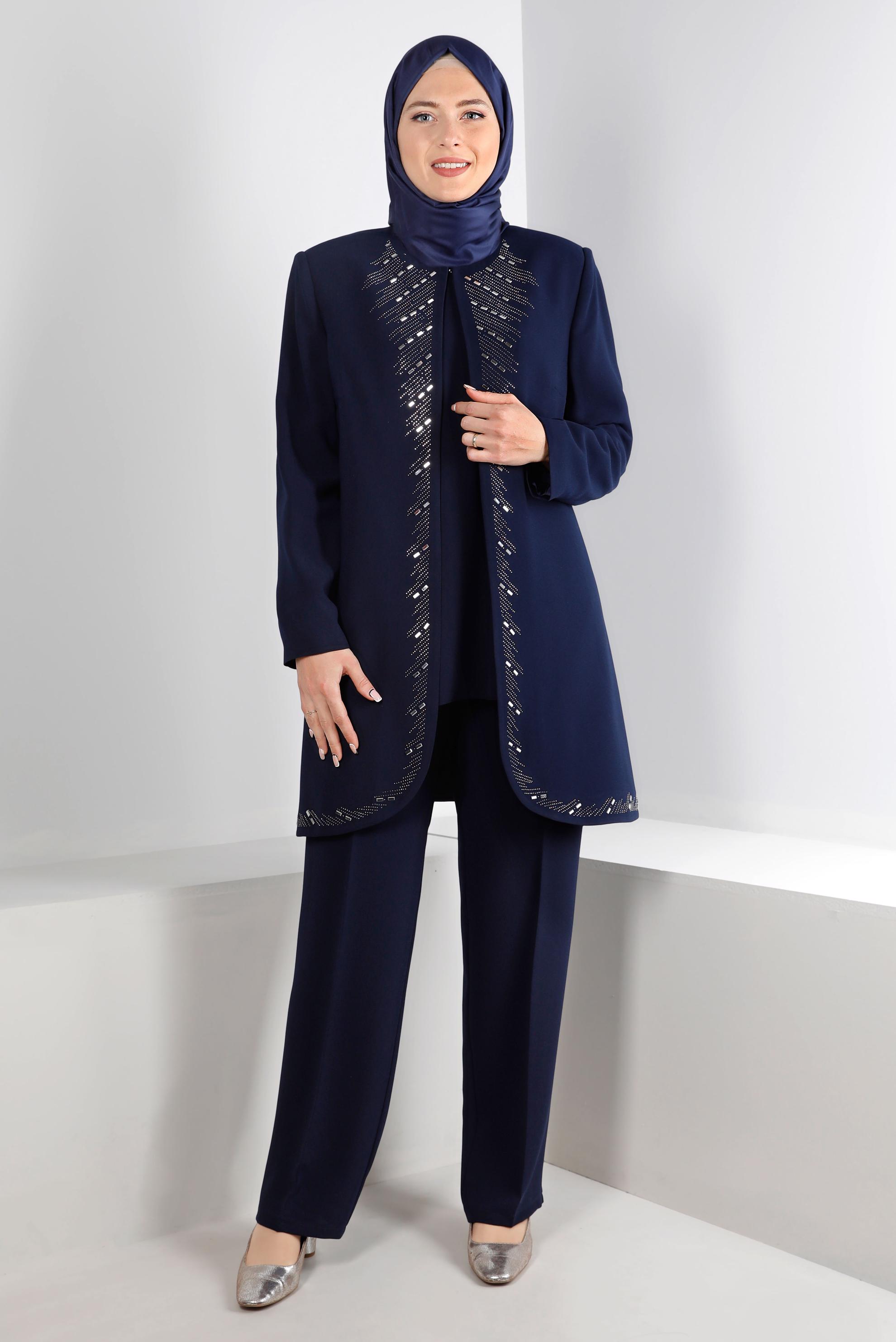 Tesettür giyim LACİVERT ZIMBA DETAYLI KREP ÜÇLÜ PANTOLON TAKIMI 30270 