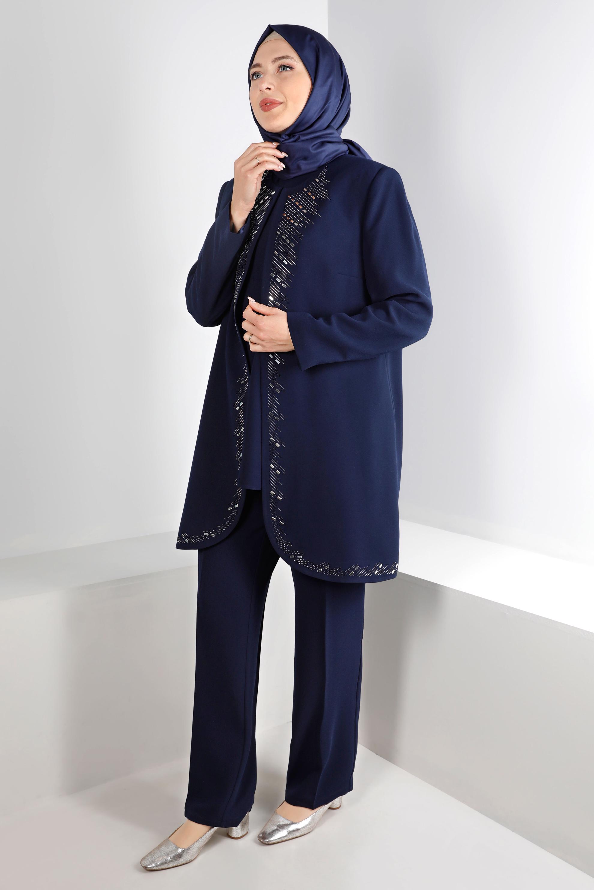 Tesettür giyim LACİVERT ZIMBA DETAYLI KREP ÜÇLÜ PANTOLON TAKIMI 30270 