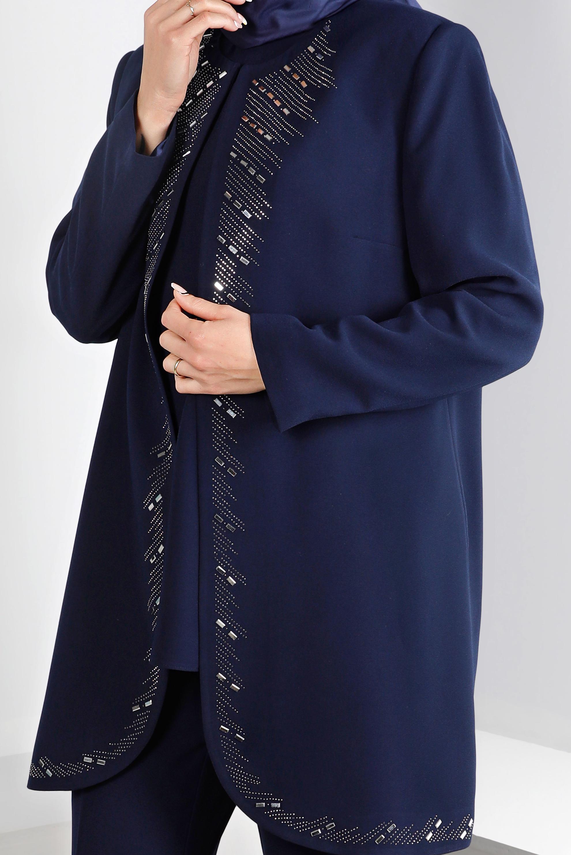 Tesettür giyim LACİVERT ZIMBA DETAYLI KREP ÜÇLÜ PANTOLON TAKIMI 30270 