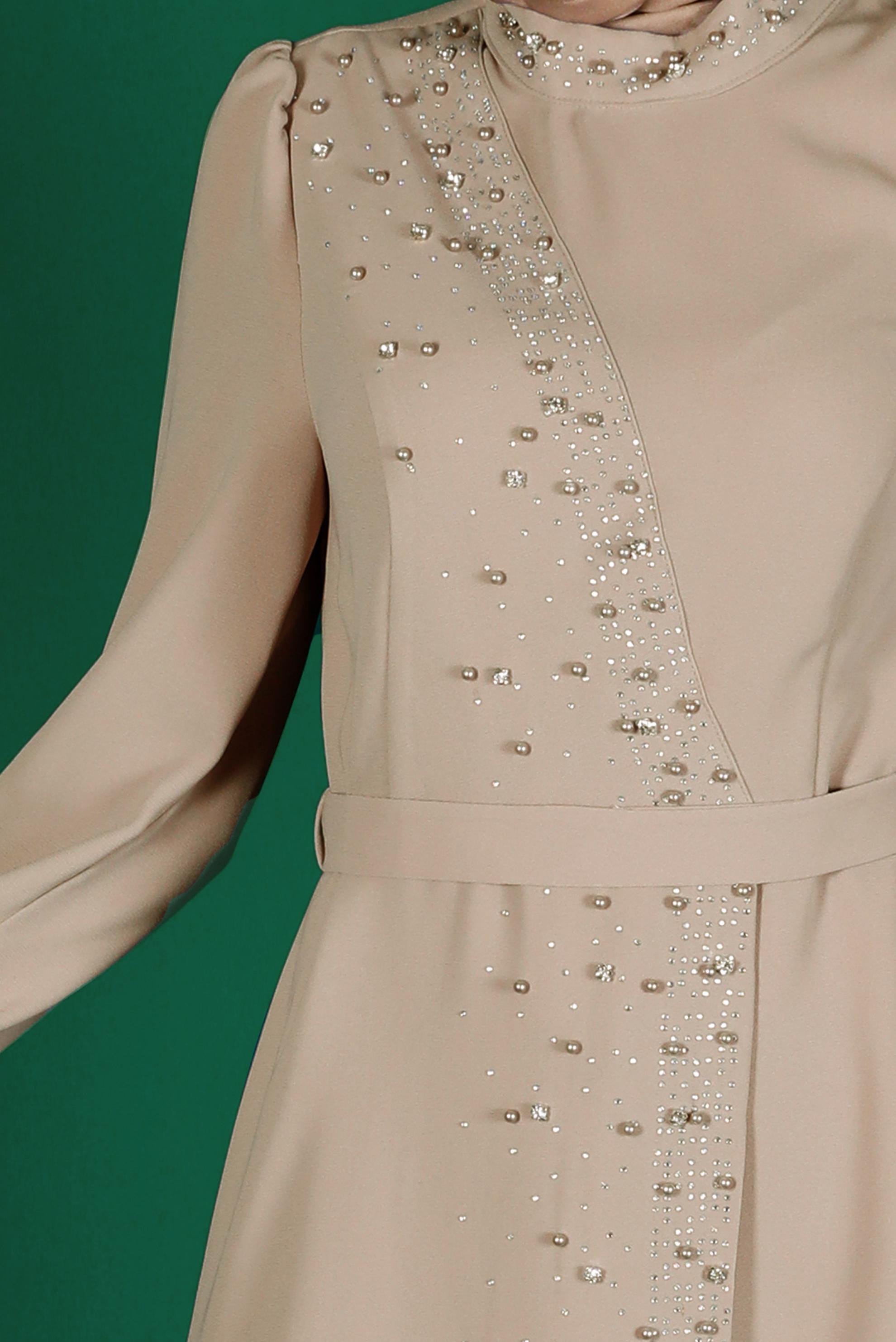 Tesettür giyim BEJ KEMERLİ PANTOLONLU TAKIM 30271