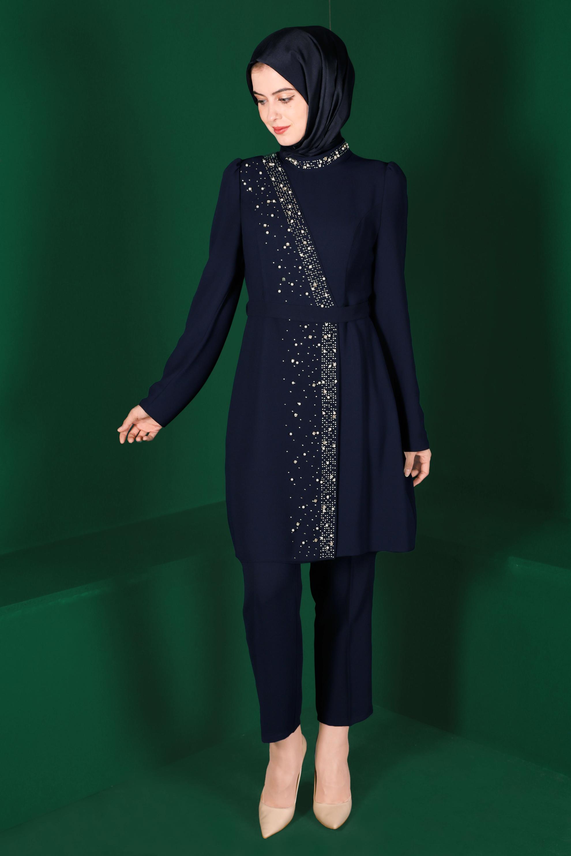 Tesettür giyim LACİVERT KEMERLİ PANTOLONLU TAKIM 30271
