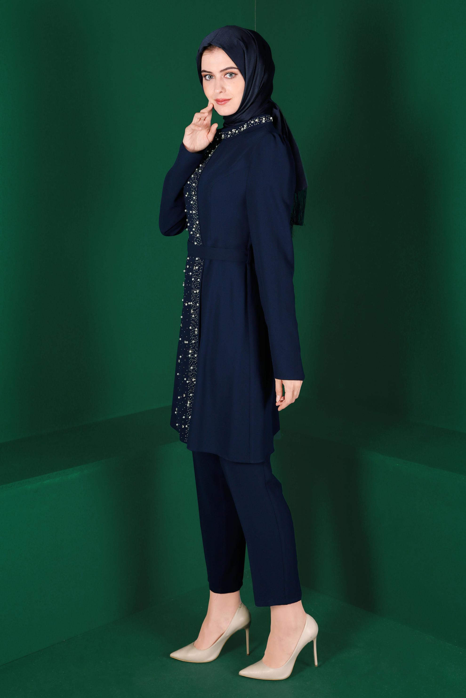 Tesettür giyim LACİVERT KEMERLİ PANTOLONLU TAKIM 30271