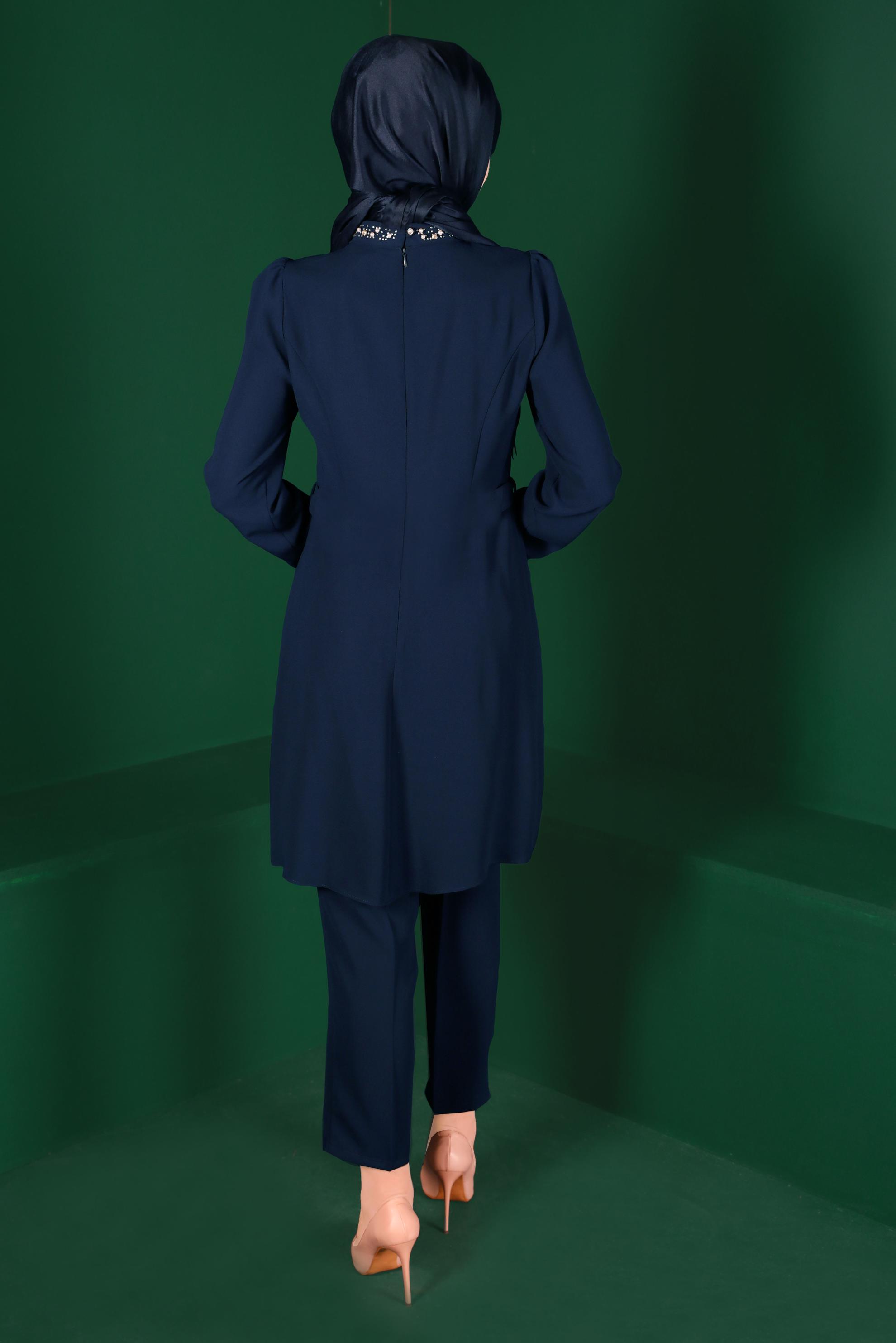 Tesettür giyim LACİVERT KEMERLİ PANTOLONLU TAKIM 30271