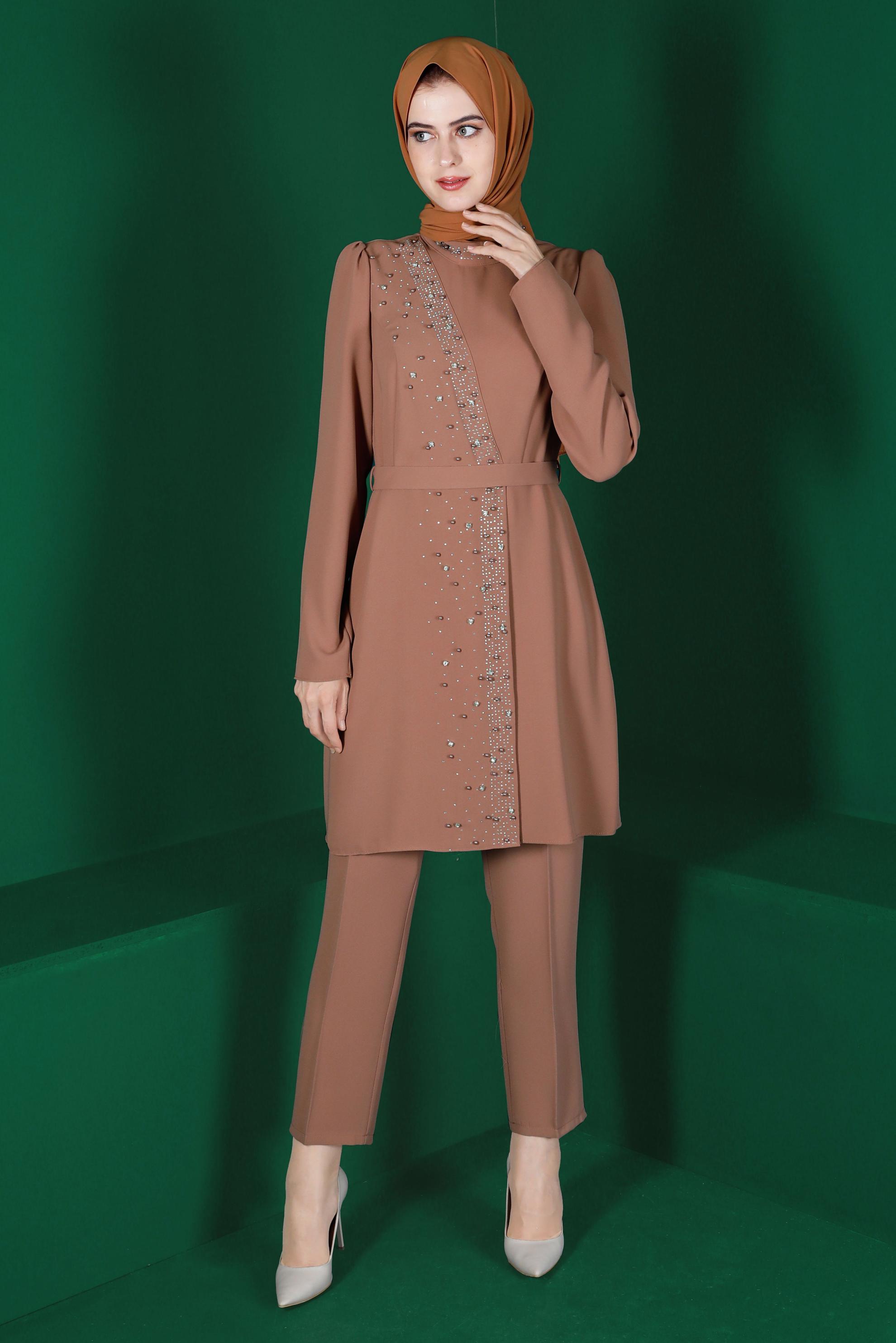 Tesettür giyim KAHVE KEMERLİ PANTOLONLU TAKIM 30271